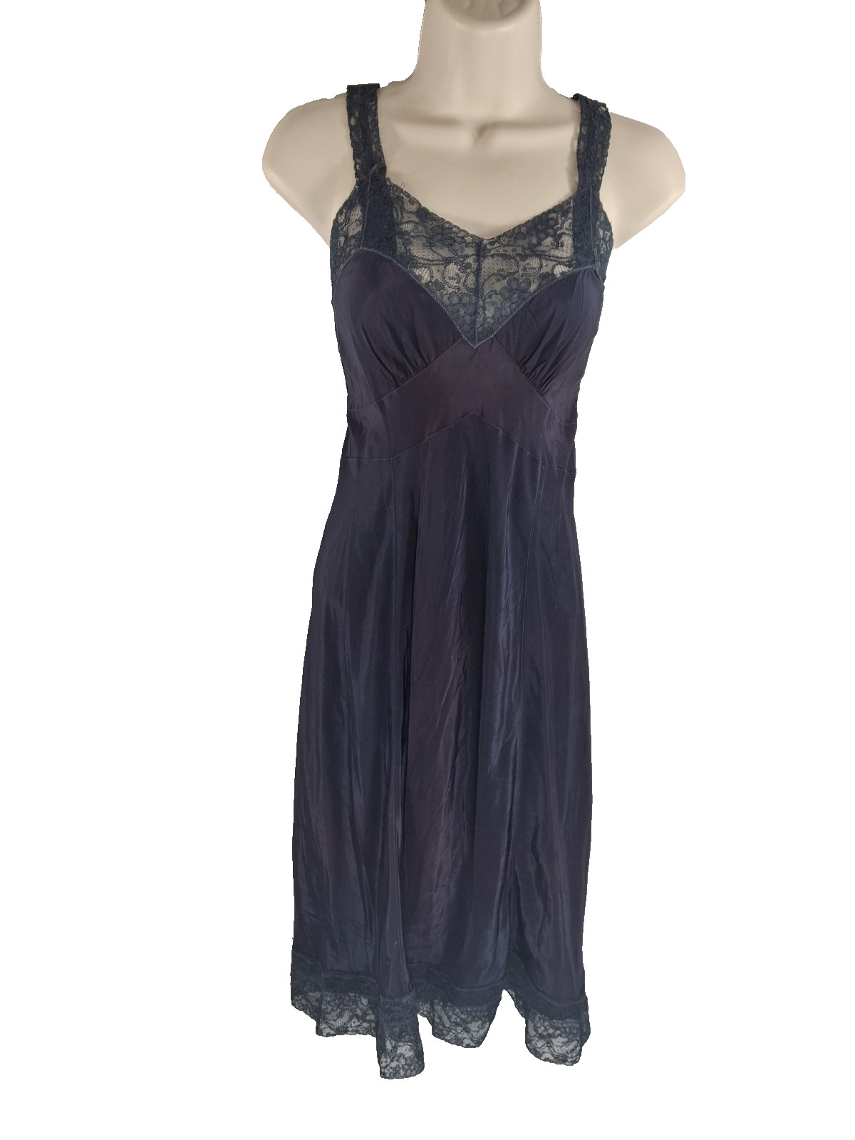 Vintage 50s Sears Charmode Navy Blue Nightgown Slip Dress Lace Trim Size 34