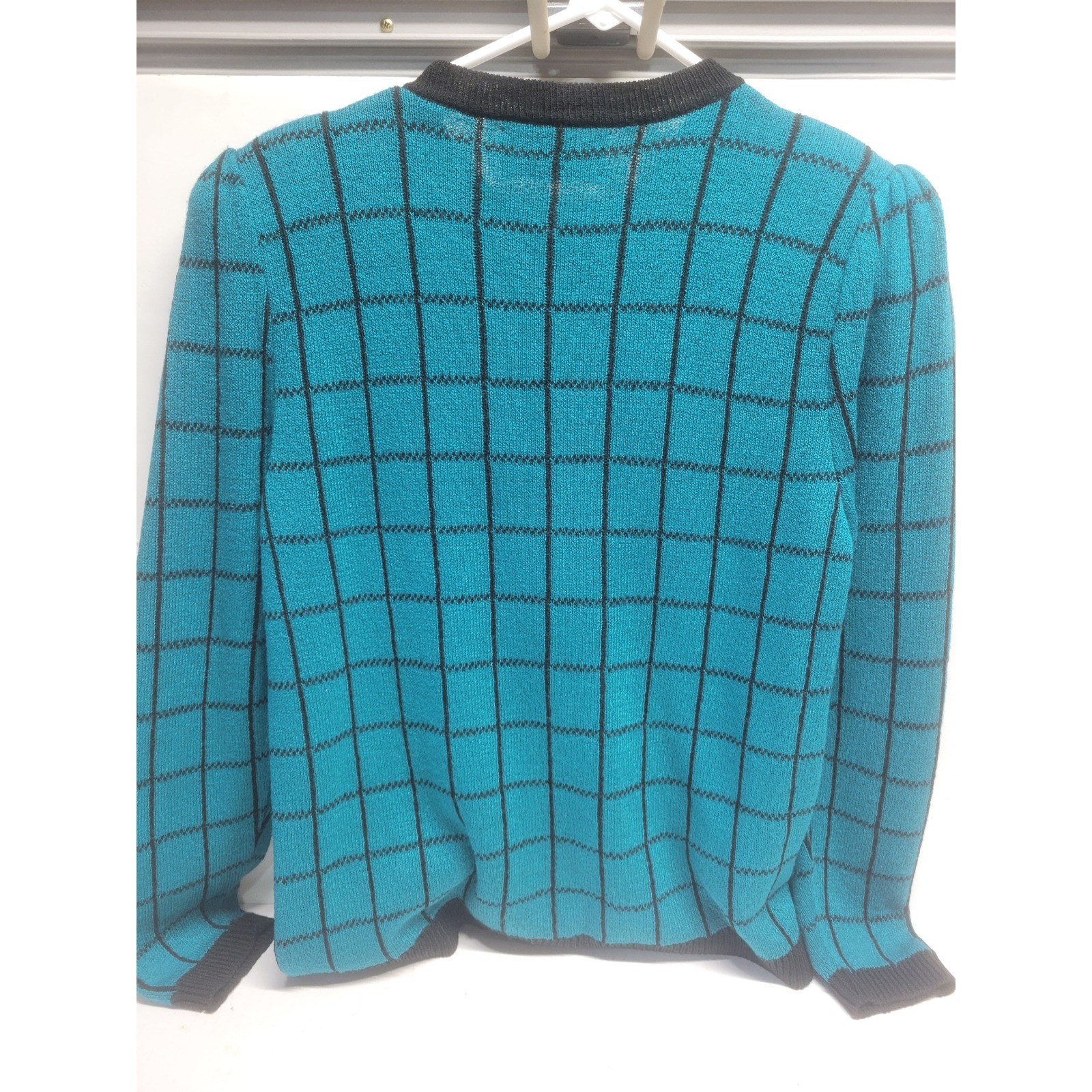 Vintage Laura by Alyzia Teal Black Grid Cardigan Sweater Gold Buttons USA Made