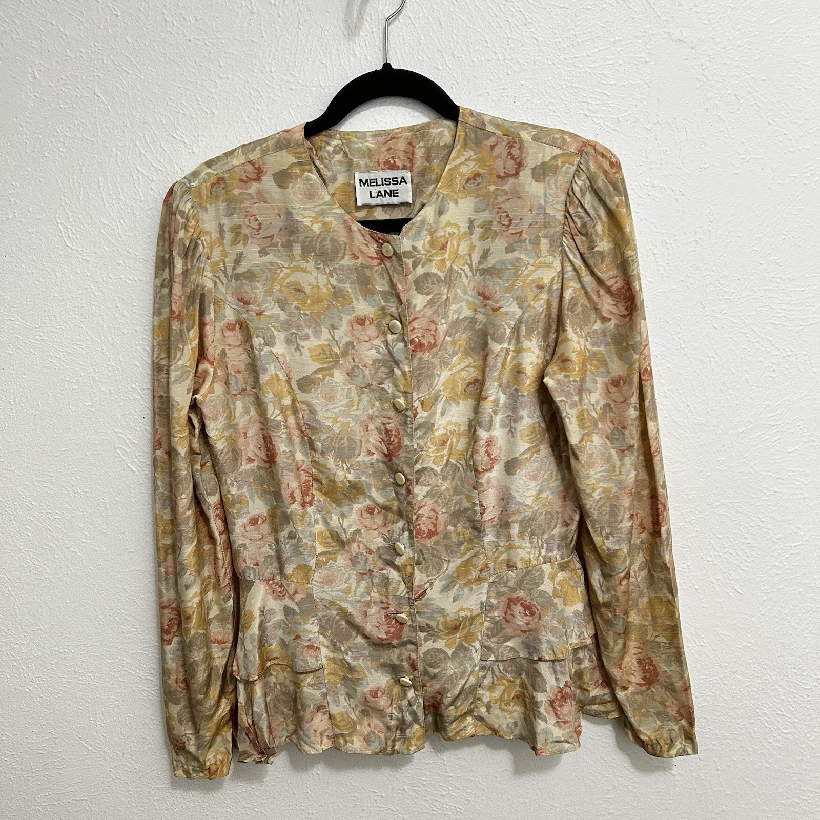 VTG Cream Ruffled Victorian Floral Top Blouse Shirt Size M Cottagecore Pastel
