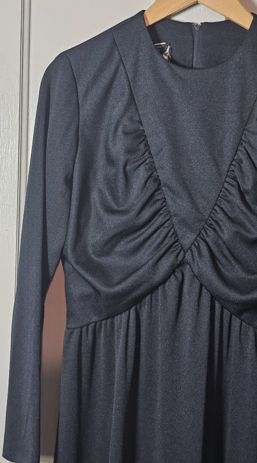 VTG WhimsyGoth 70’s Jerrie Lurie Maxi Dress Women 14 Black L/S Witchcore Pleated
