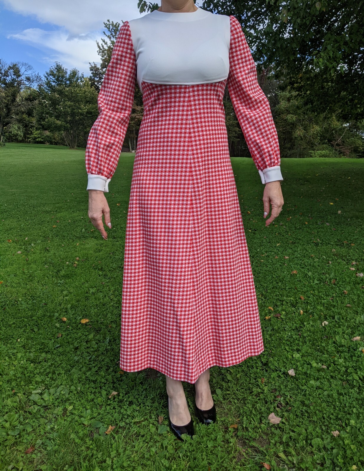 Vintage 1970s Primitive Country Cottagecore Dress Red Check Gingham Sz S