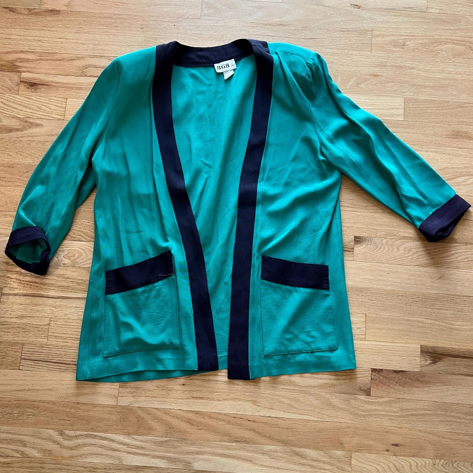 vtg 80s color blocked green open front blazer size 14 made in USA casual