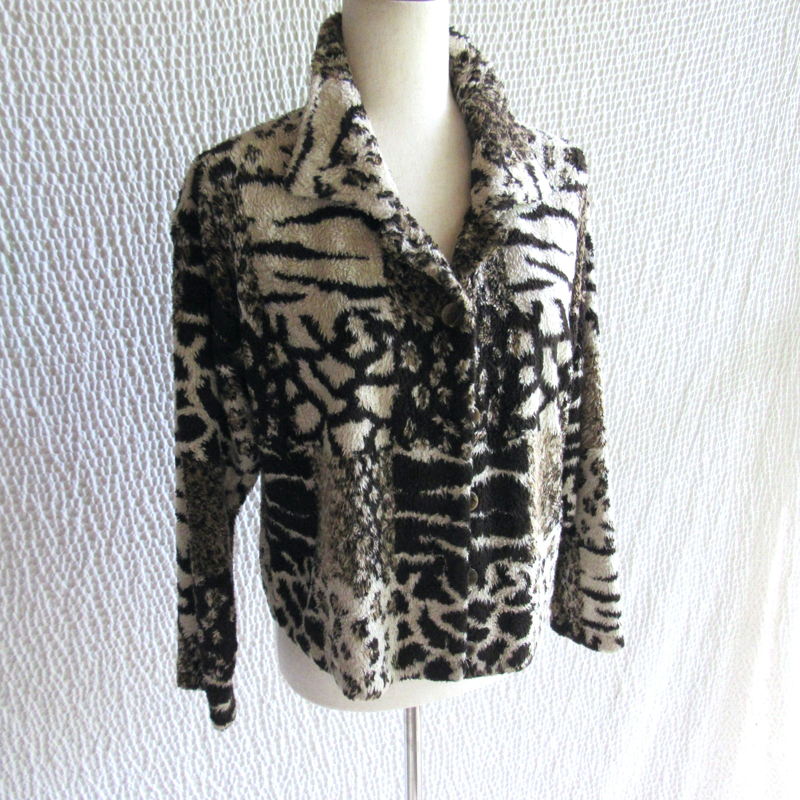 Cache Jacket Animal Print S Lightweight Plush Brown Cream Fuzzy Y2K
