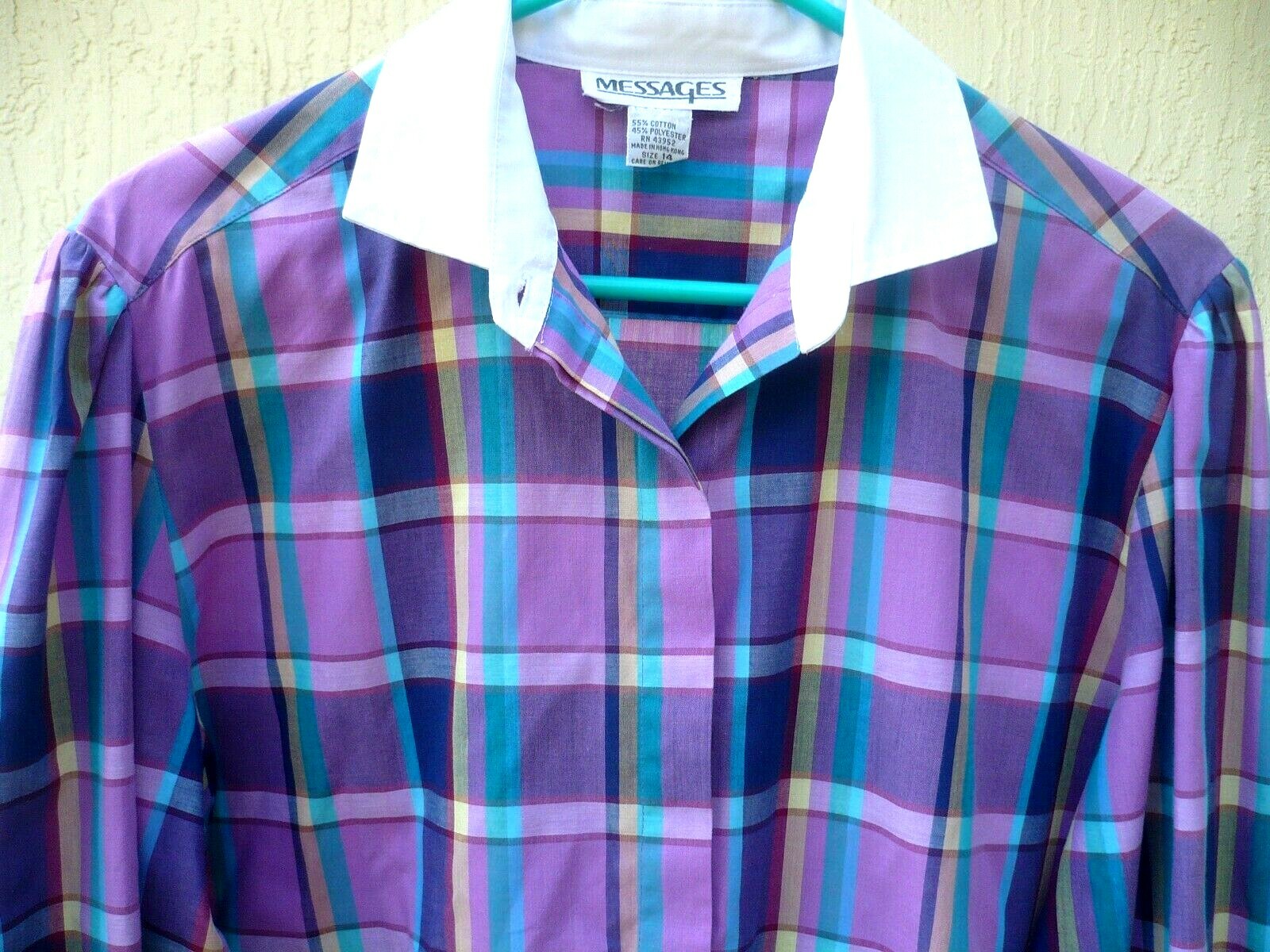 VTG MESSAGES L DEEP PURPLE PLAID LONG SLEEVE BUTTON DOWN SECRETARY BLOUSE WOMEN