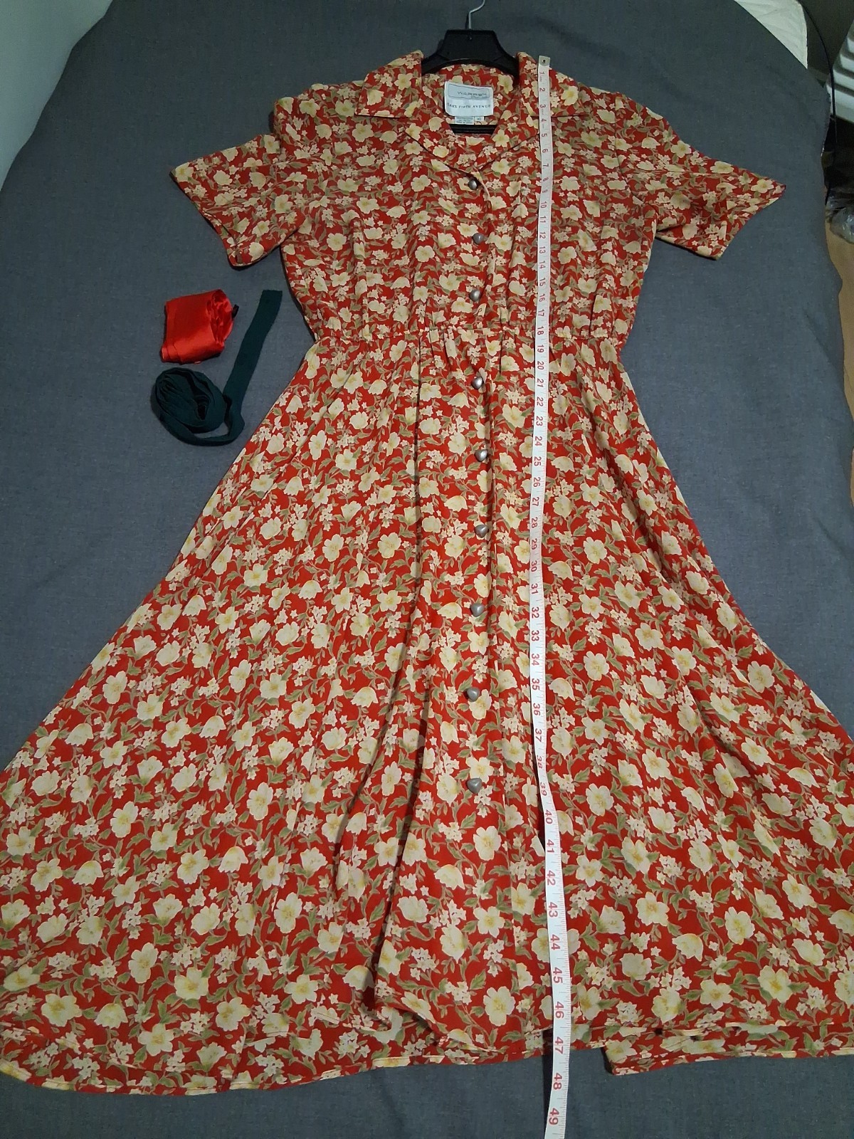 Vtg Warren Saks Fifth Ave Long Dress 10 Floral Buttons Relaxed A-line Short Sl.