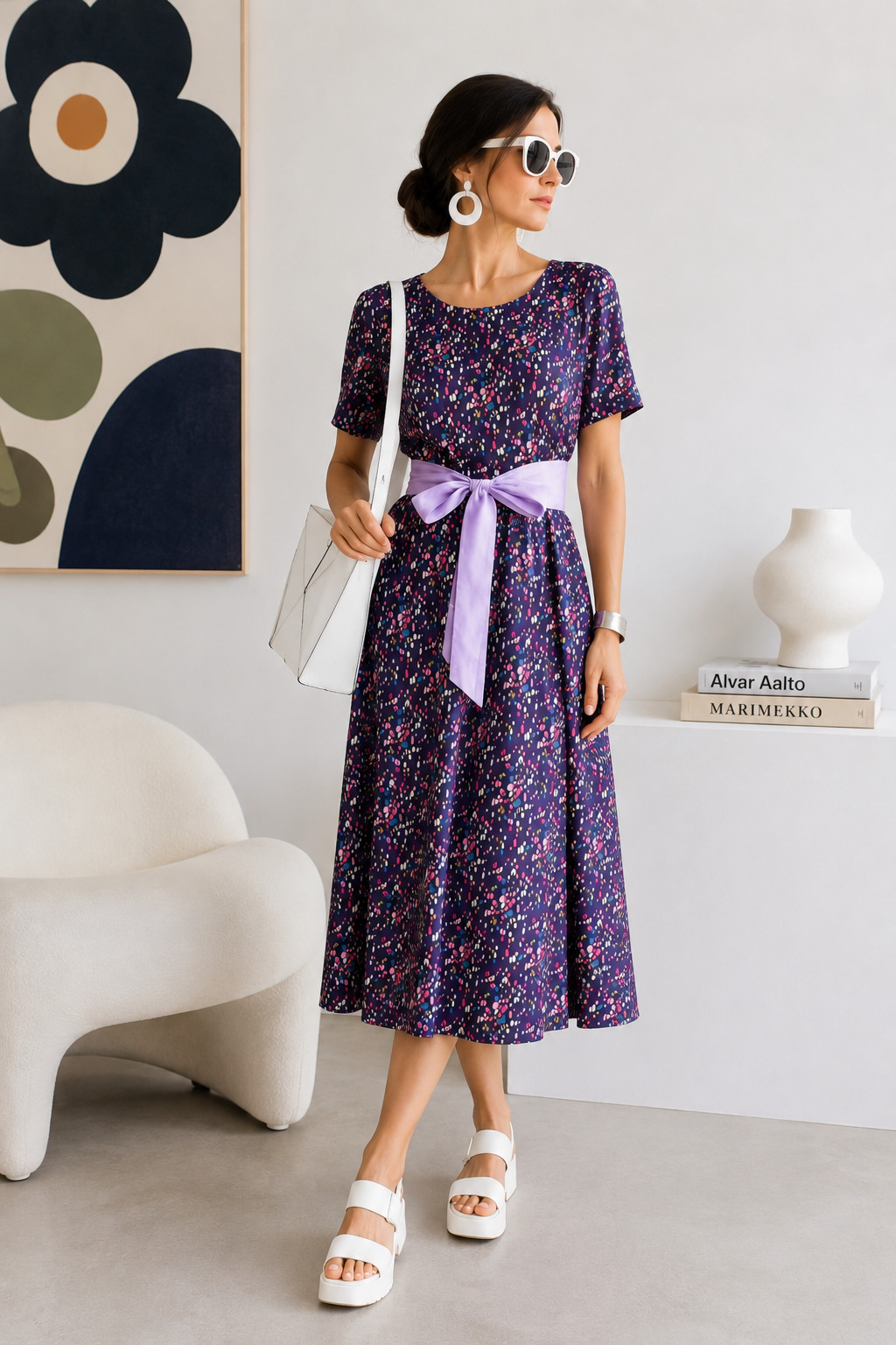Original 60s Twiggy Vintage Dress A-Line Jersey Bubble Print Midi Size 42 44