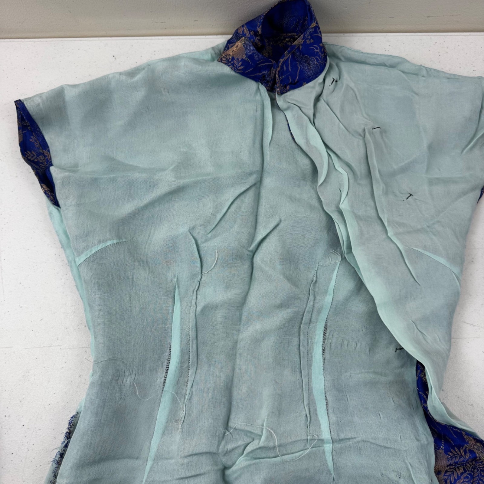 Vintage Blue & Gold Asian Brocade Cheongsam Dress With High Collar & Side Button