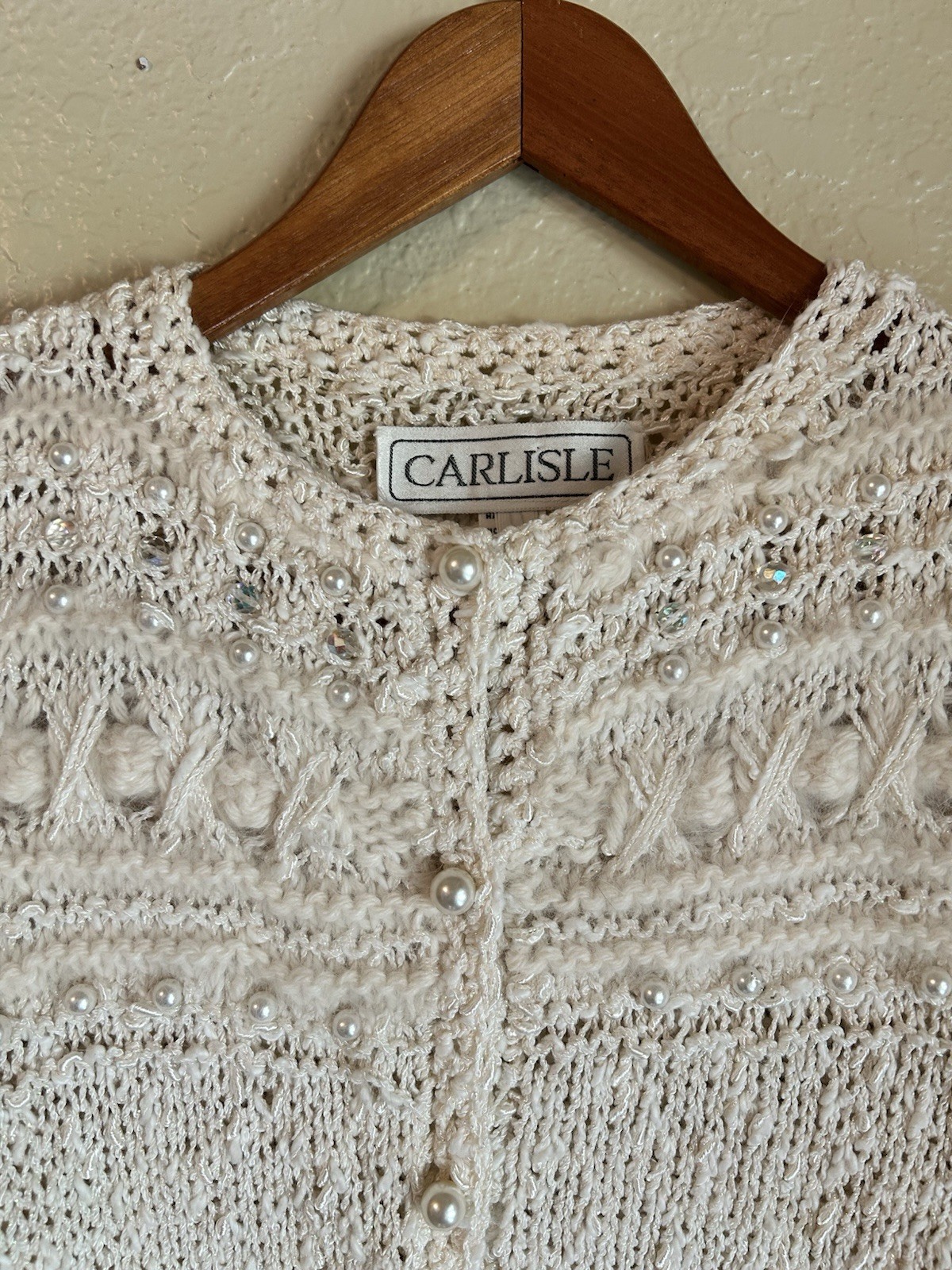 Vintage Crochet Ivory Angora Sparkling Beaded Pearl Button Long Sleeve Sweater