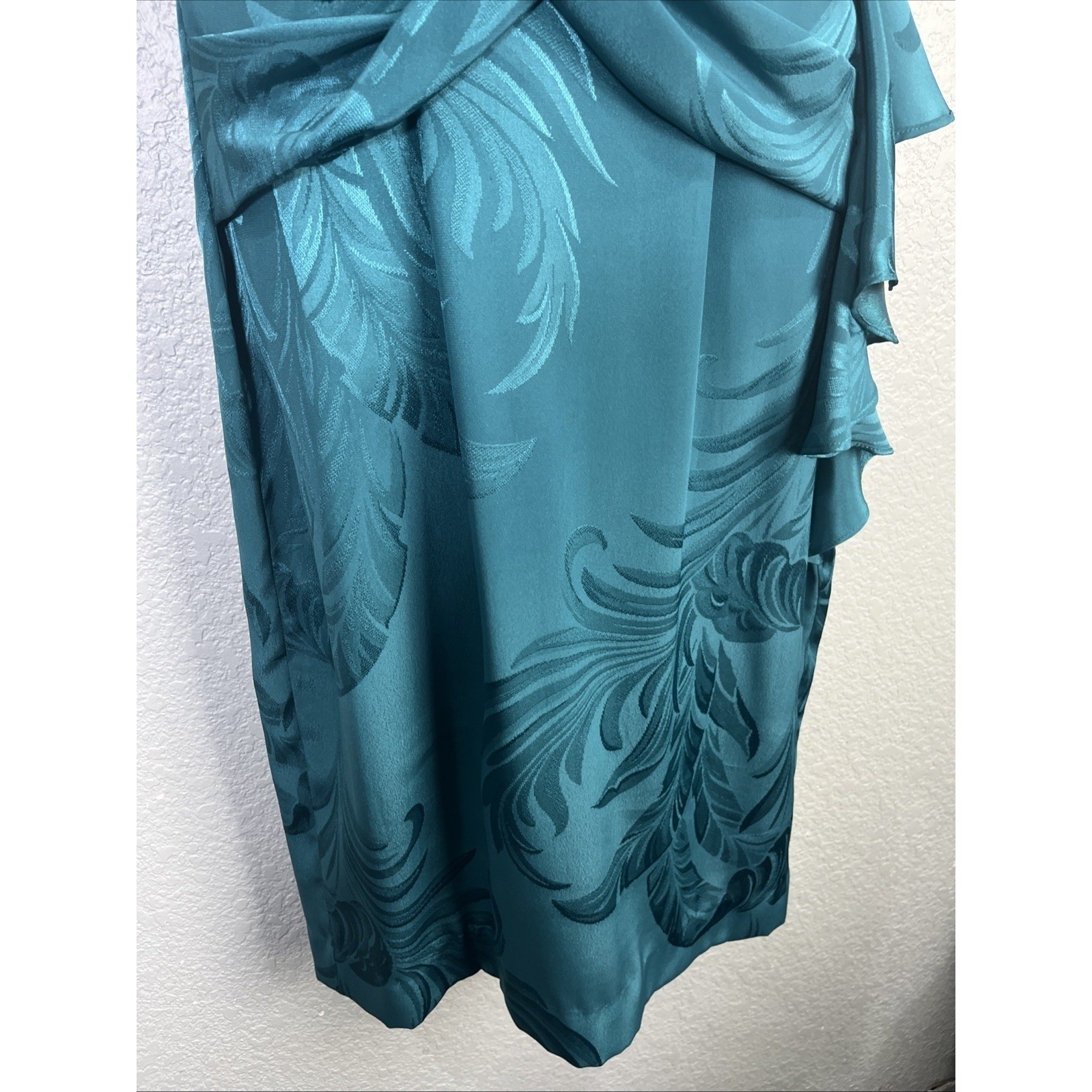 Lola Collections Dress Womens 4 Teal Jacquard Leaf Draped Open Back Ruffle 80s
