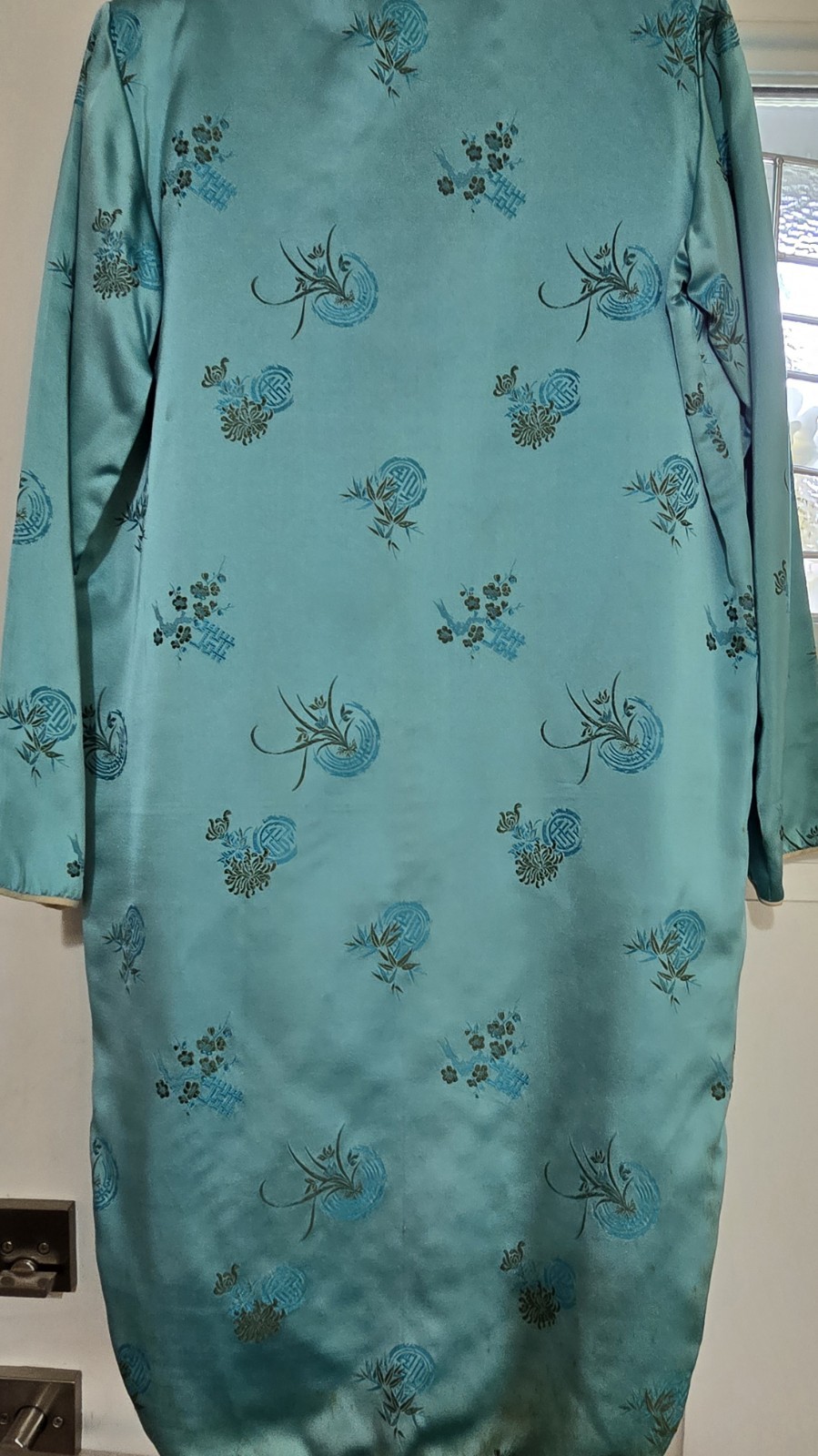 Vintage 50s Chinese Brocade Hostess Gown- Women’s- Turquoise Satin-Size 42/L