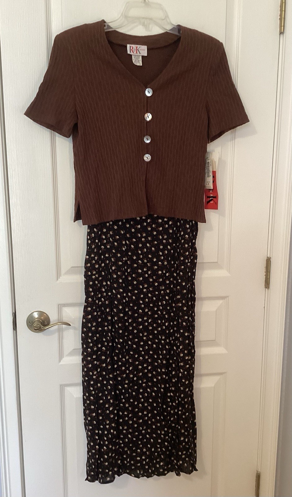 R&K Originals Vintage Maxidress &Cardigan Set Size10 Black/Brown Ditsy Print NWT
