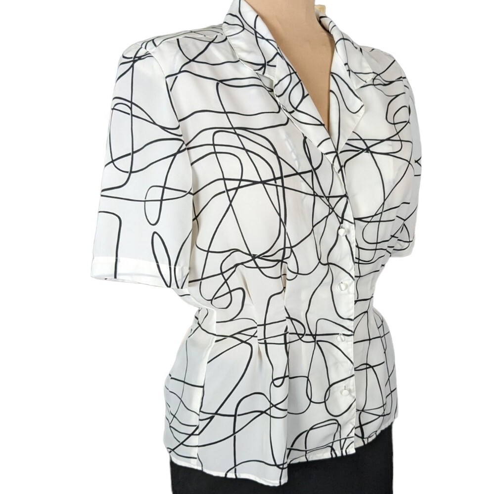 Vtg 80s M/L Lloyd Williams Black White Abstract Blouse Art to Wear New Wave Work