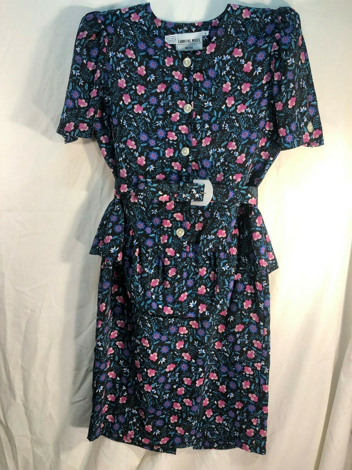 EUC 1980s vtg Caroline Wells Collection poly floral belted peplum dress, sz 10P