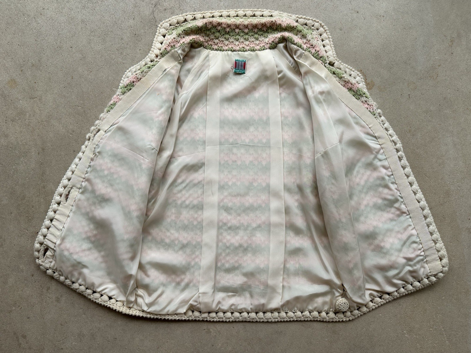 1960s Ilaria Italy Hand Knit Crochet Cardigan Popcorn Stitch Pink Green Sweater