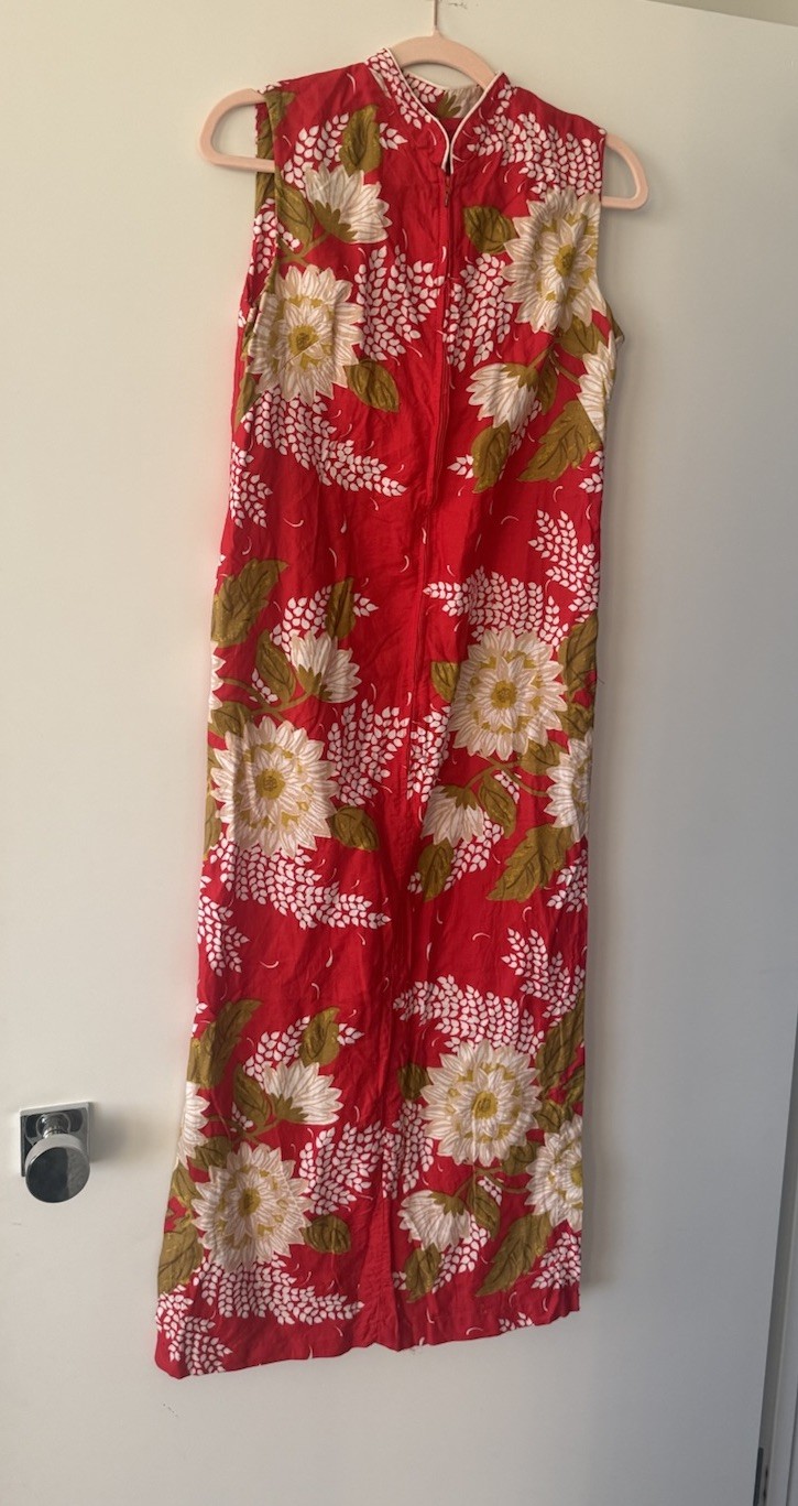 Vibrant red vintage 1960’s Penney’s Adonna floral Hawaiian maxi dress