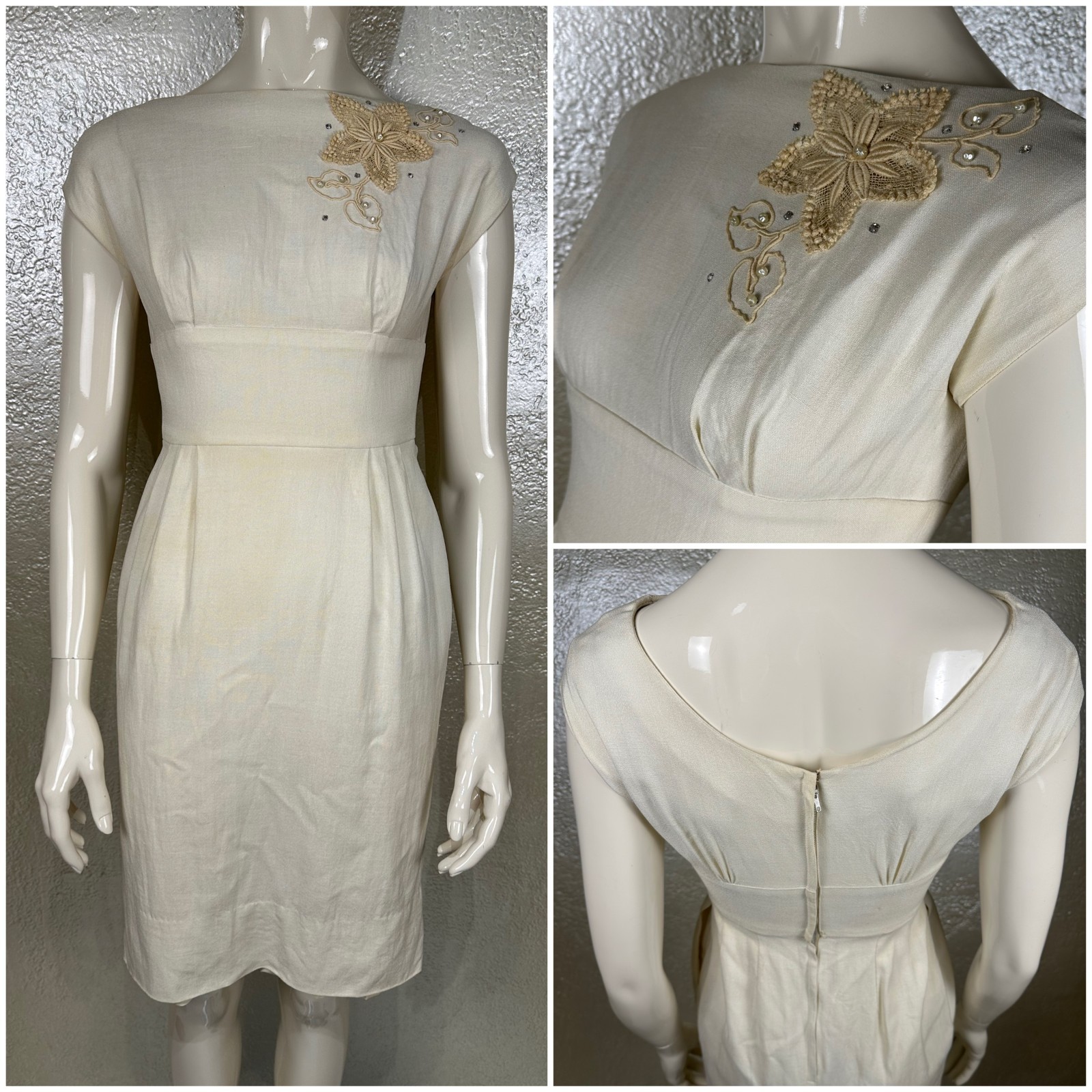 Vintage 1960s Ladies Handmade Ivory Wiggle Dress Floral Crochet Applique AS IS