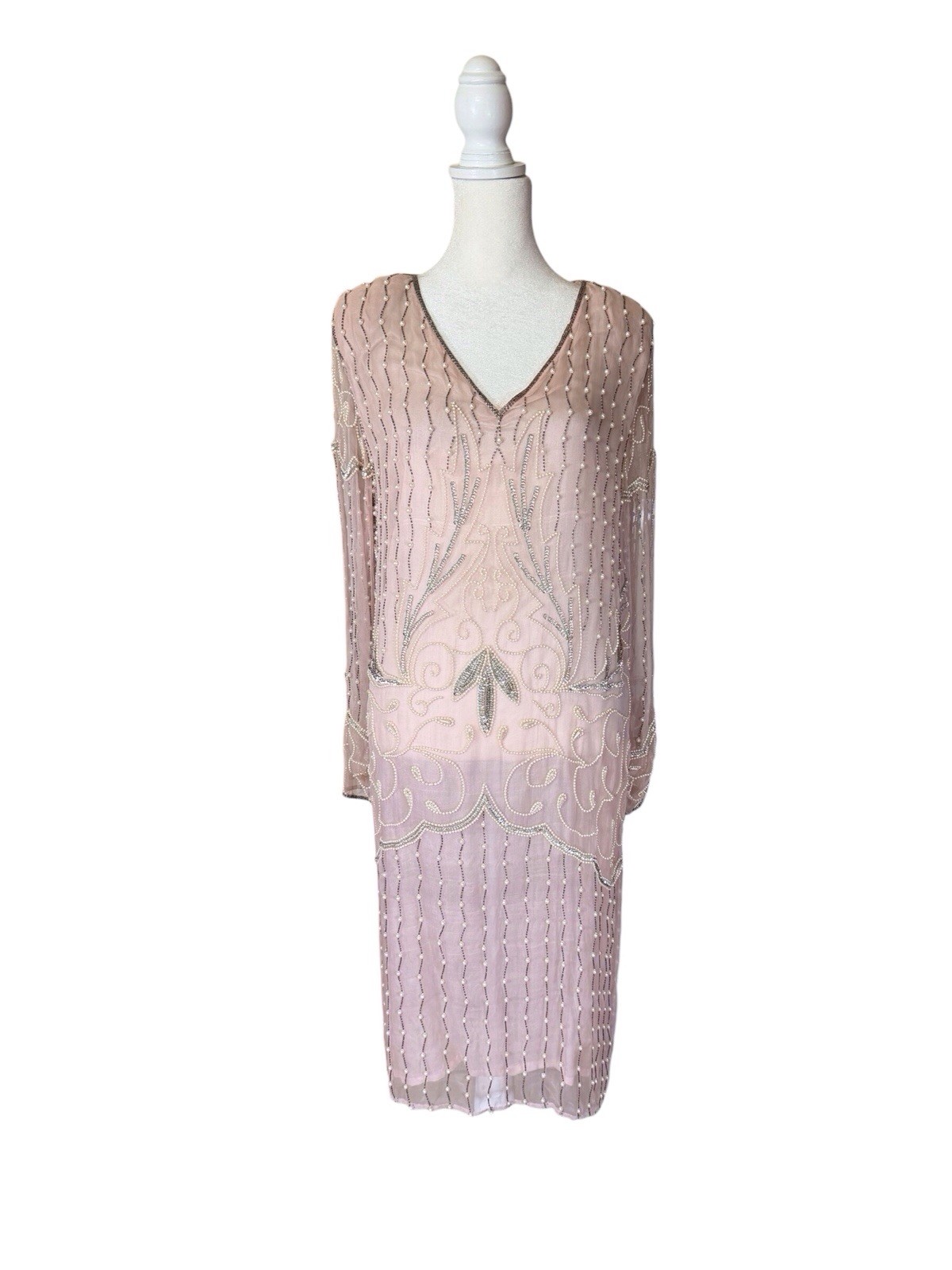 Vintage Jasmine by KVM 100 % silk pearl Beaded & sequined Blush Pink Dress sz M