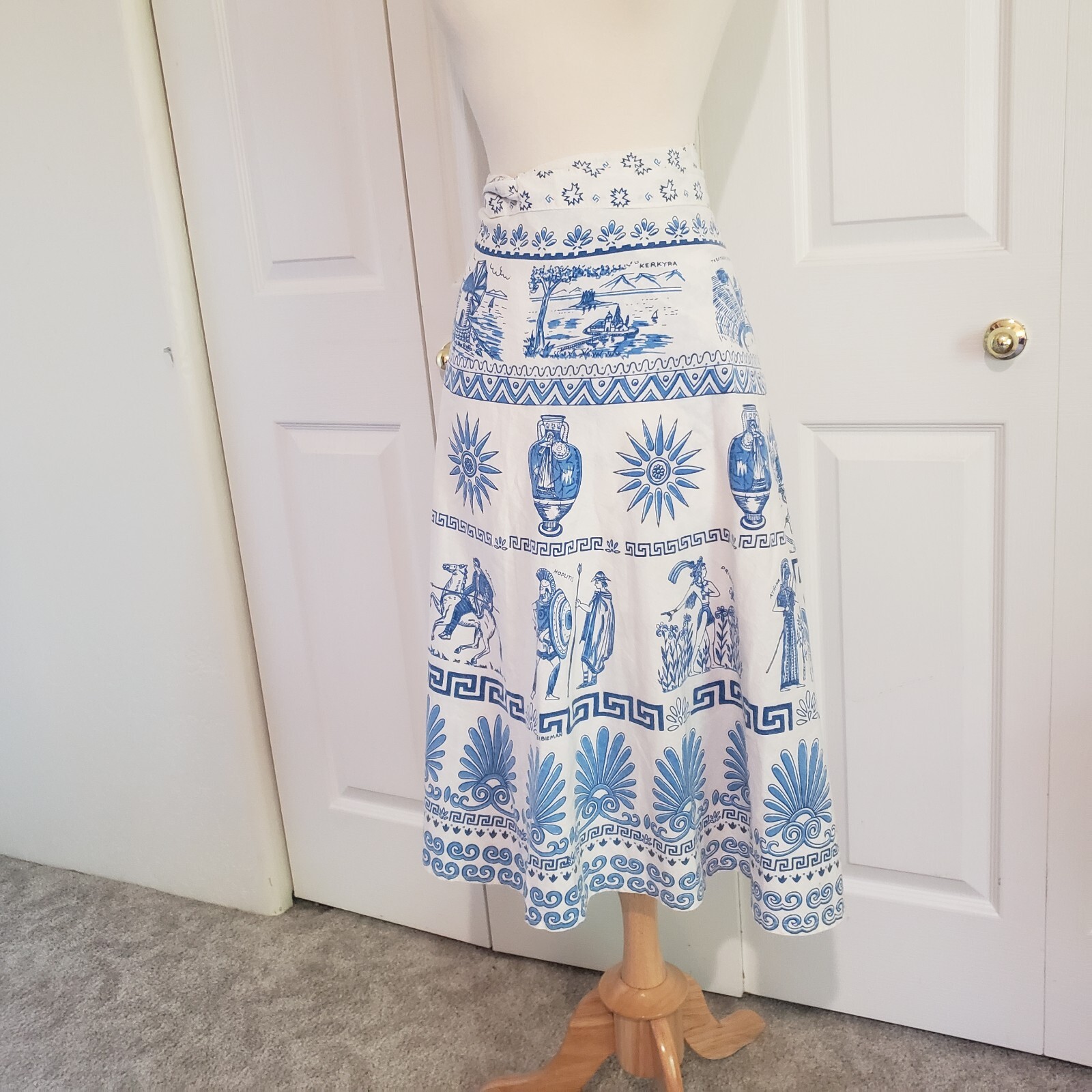 Vtg 1970s Greek Greece Novelty Wrap Skirt Blue White Cotton Size Medium