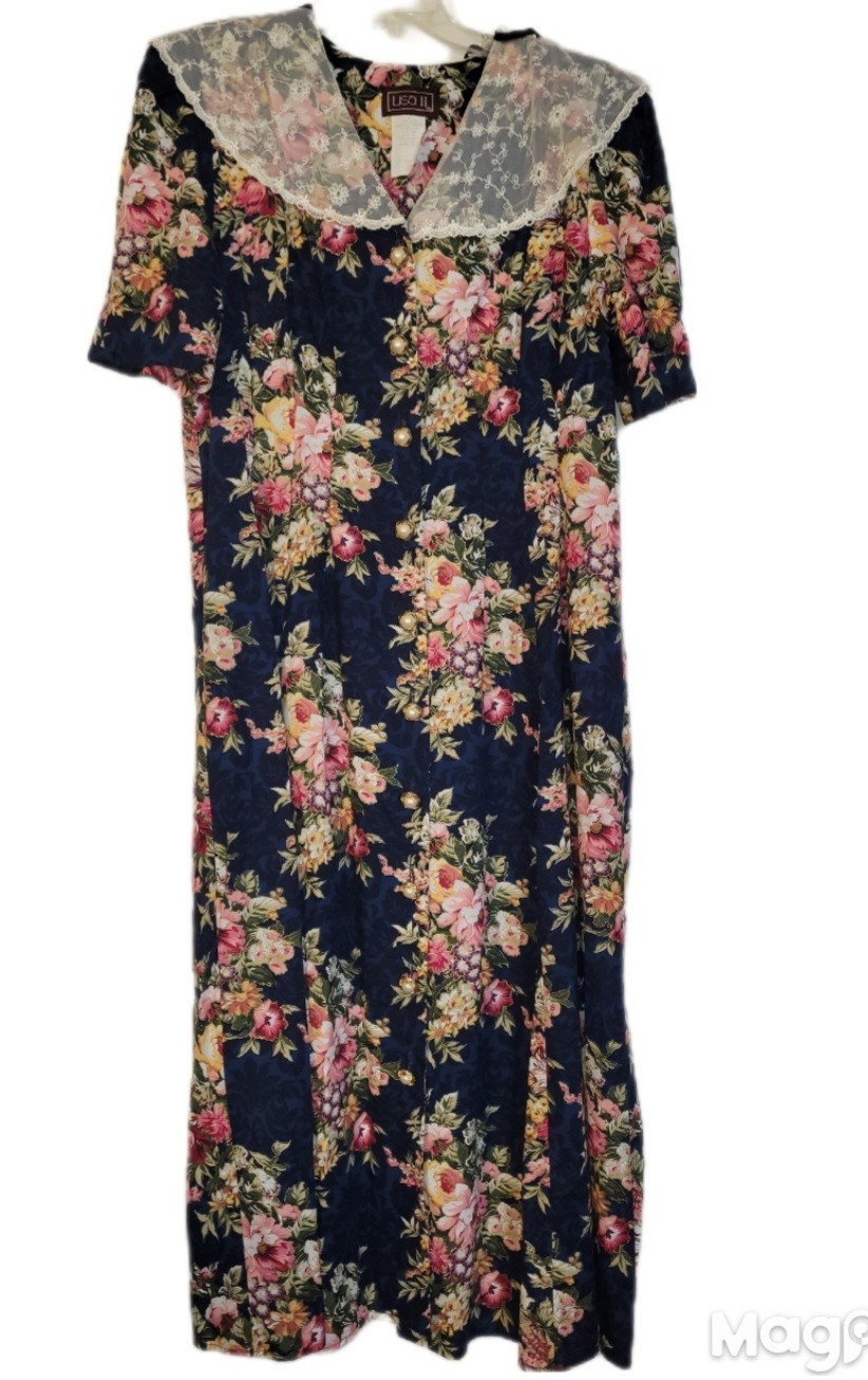 Vintage 80’s Floral Lisa II 14P Blue Modest Dress Retro Lace Collar Garden Party
