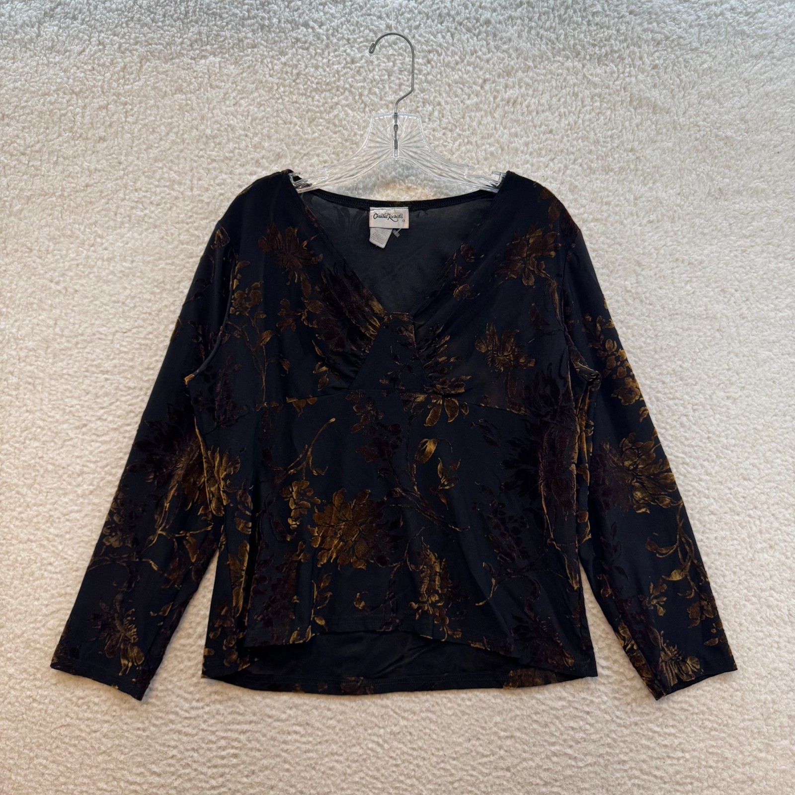 90s Vintage Top XL Black Floral Slinky Stretch Long Sleeve V-Neck Boho Grunge
