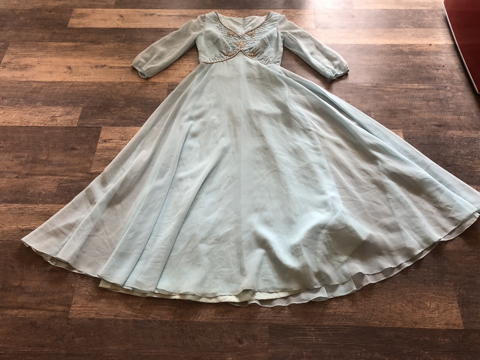 VTG 60s~70s Chiffon Maxi Dress SHEER Long Sleeves Jeweled NeckProm Pale Blue ~S