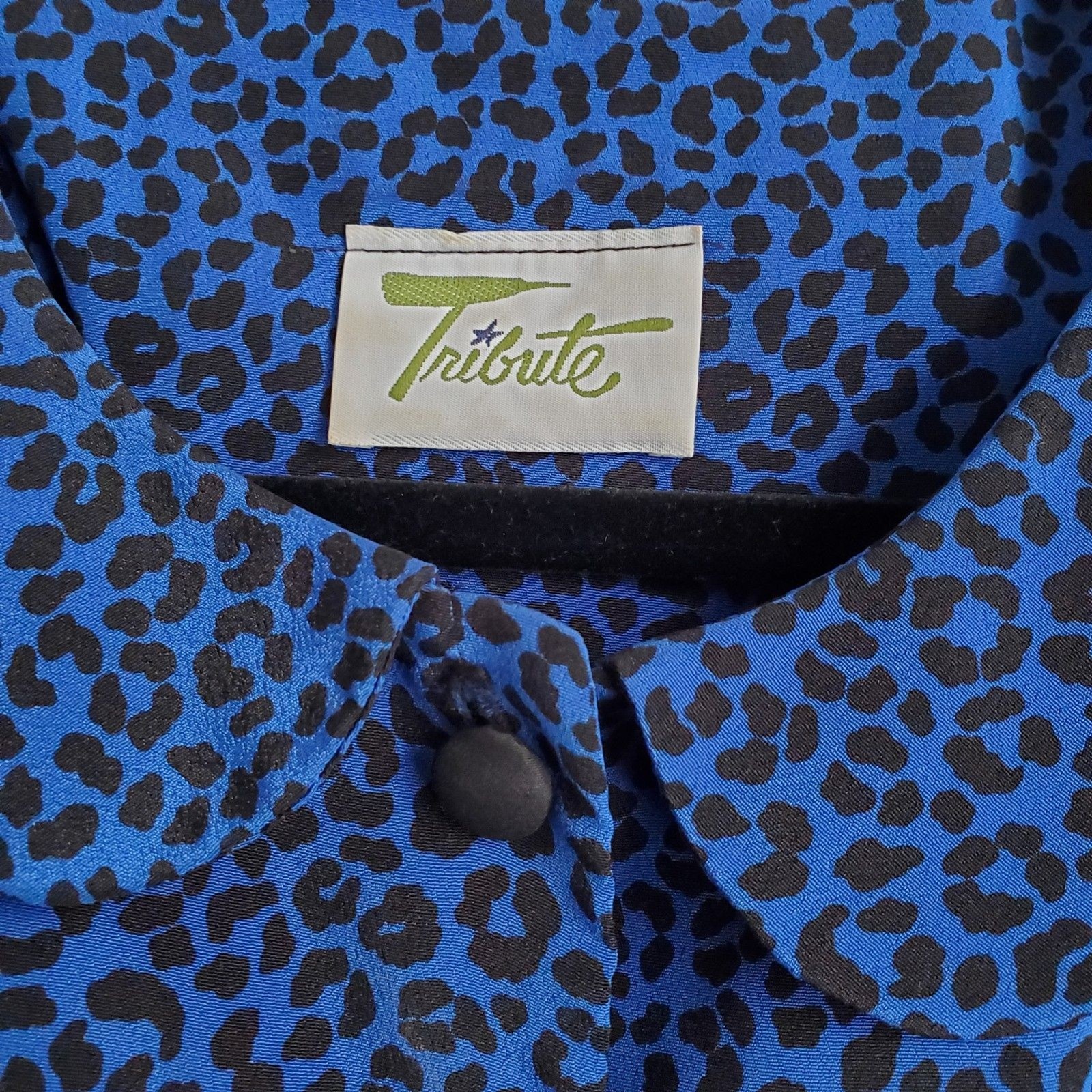 Vintage Tribute Blue Animal Print Dress Elastic Waist Long Sleeve Size M GUC