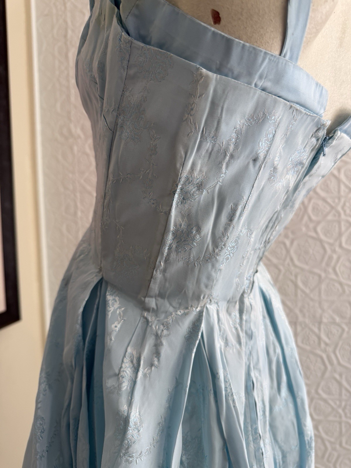 vintage 1950s gown baby blue taffeta bridesmaid prom small xs jaquard floral