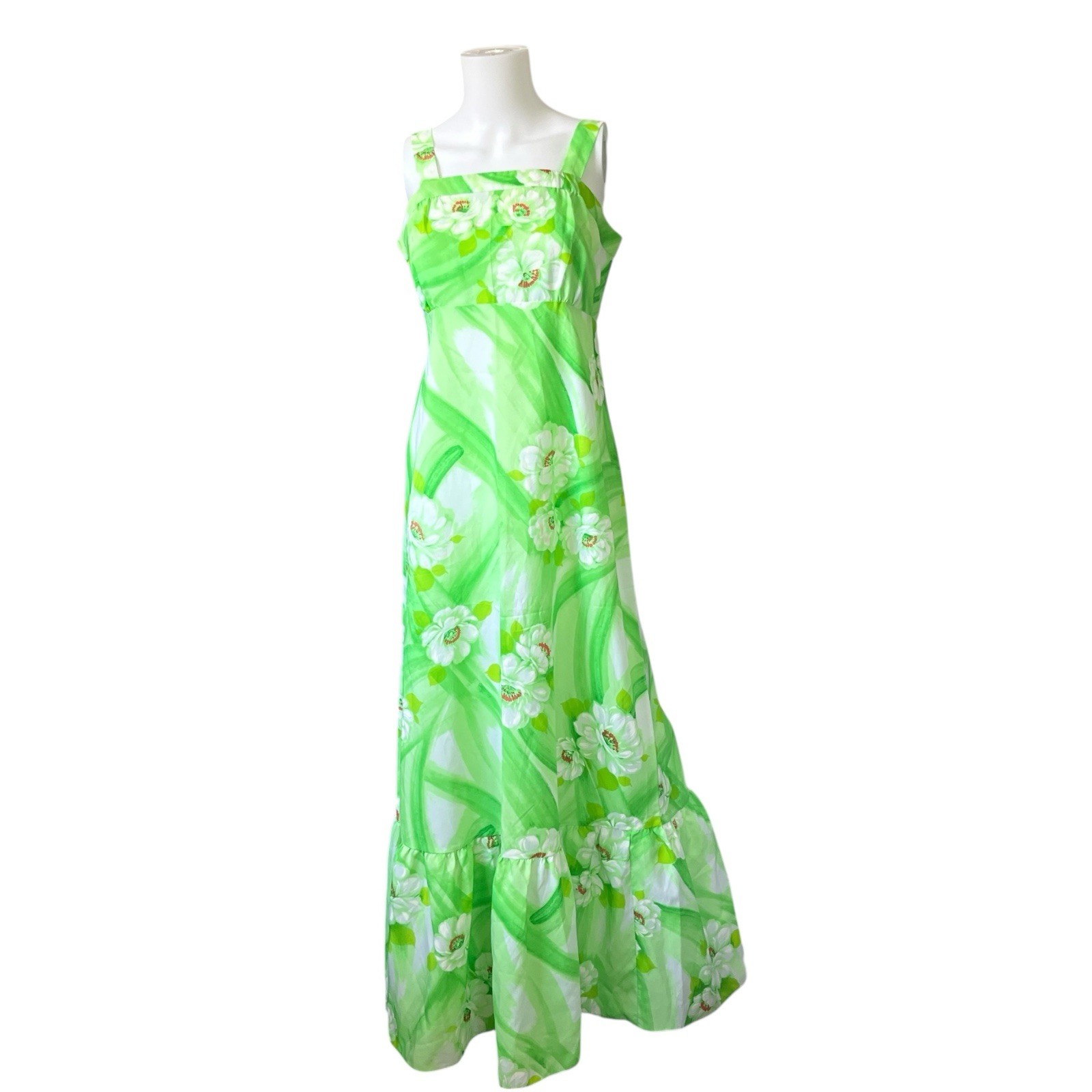 Vintage 1970s Darina Honolulu Bright Green Floral Maxi Dress Sleeveless
