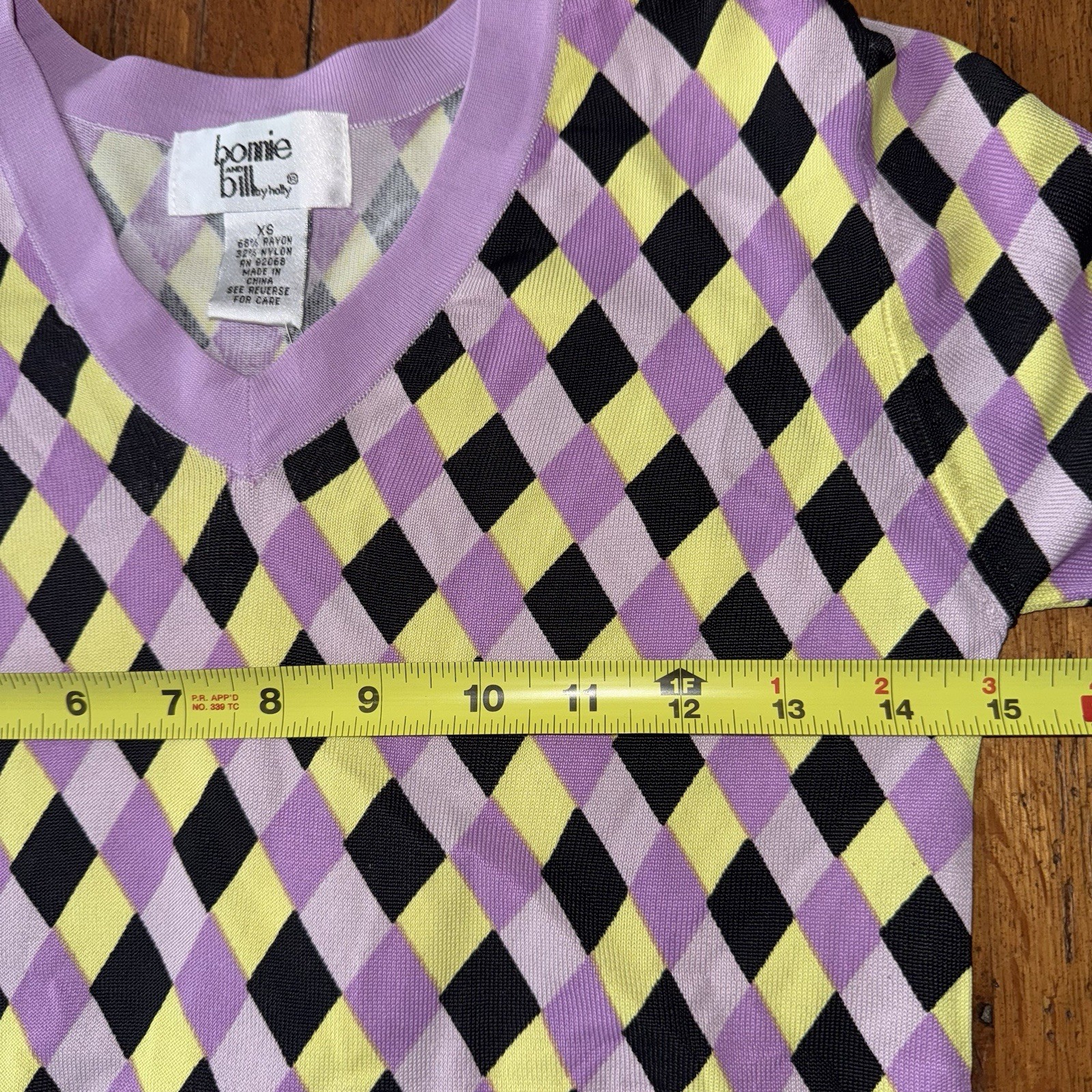 VTG Sweater Preppy Argyle Geometric Nylon V Neck XS NWT Clueless Purple