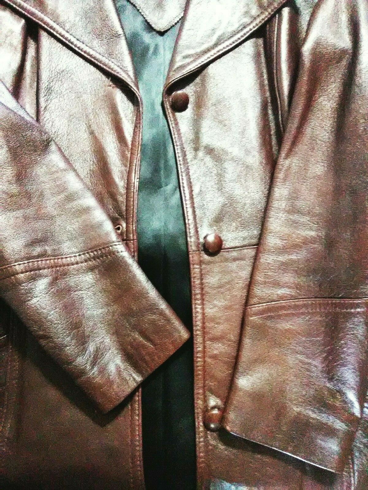 MARQUIS Of LONDON Womens Brown Leather Trench Coat 70s Lady J Wing Collar Vtg