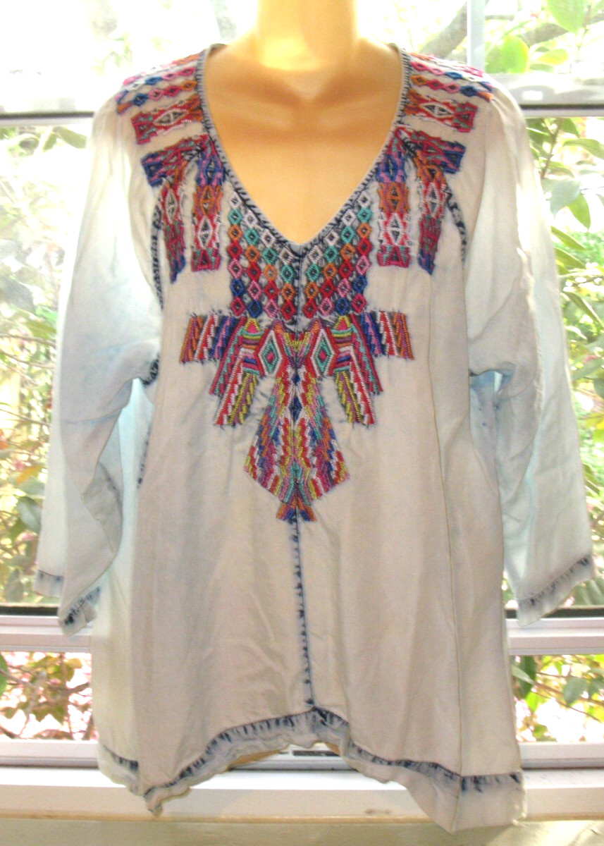 VTG Women’s Hippie Washed Out Faded Blue Chambray Embroidered Top sz XL