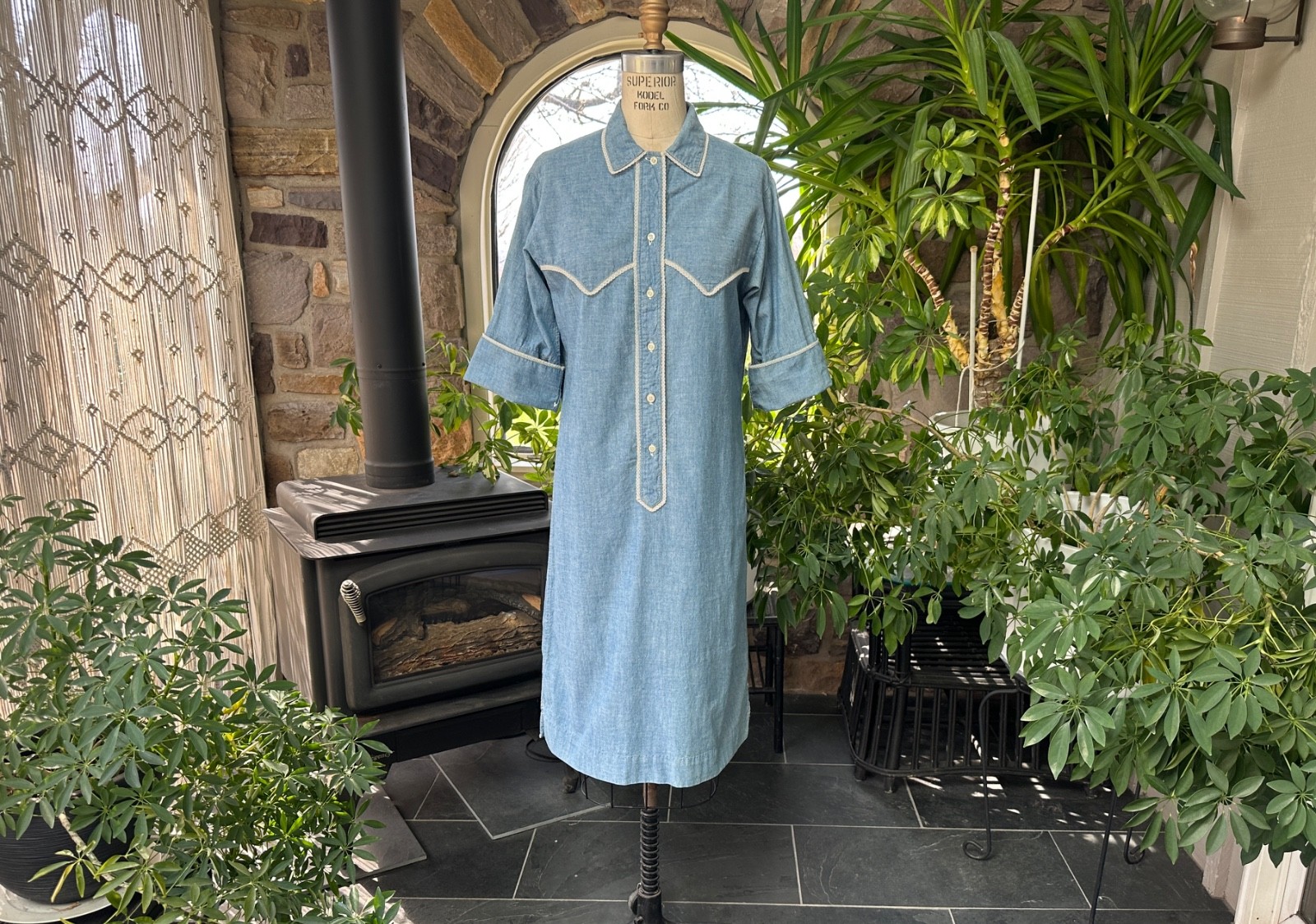 Vintage 1960s Blue Chambray White Lace Trim Shirtdress Langtry Ltd