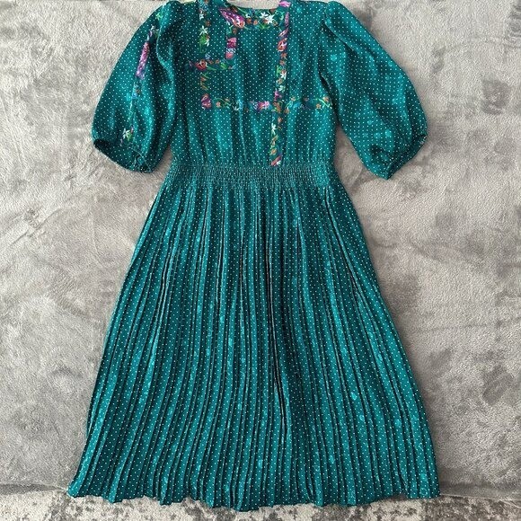 Vintage Susan Freis Green Polka Dot Pleated Dress Women’s MEDIUM 80s