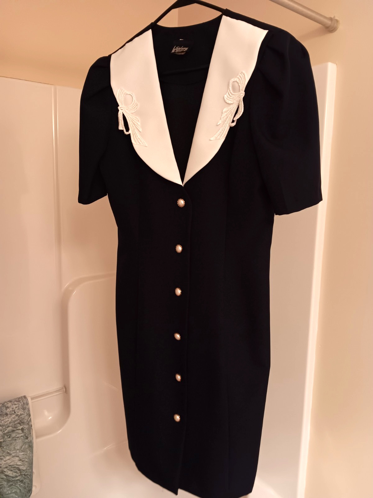 Whirlaway Frocks Vtg. 80’s Dress Sz 12 Navy Blue W/White Lace Collar & Pearl B