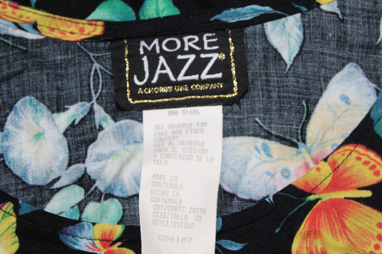 Vtg More Jazz Sz 2X Black Floral & Butterflies Shift Dress Rayon