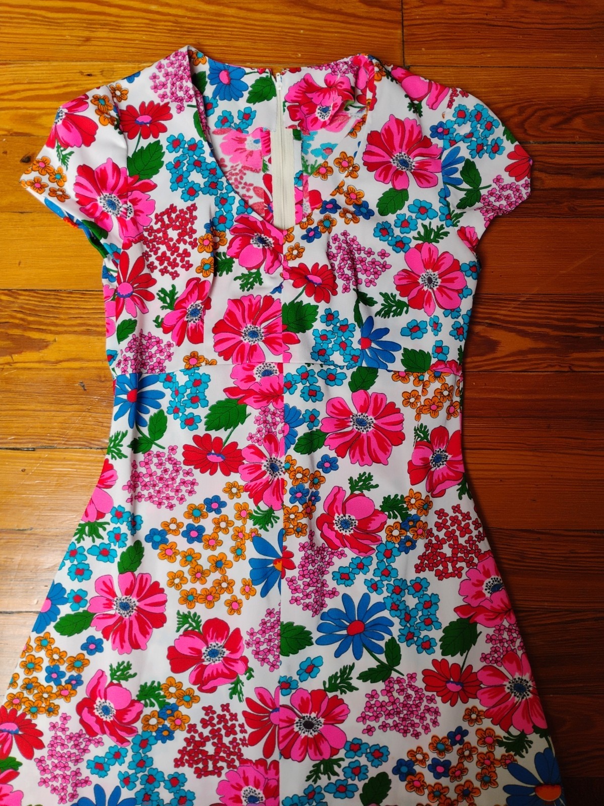 Vtg 60s 70s Floral Dress Small Red Pink Blue Green White