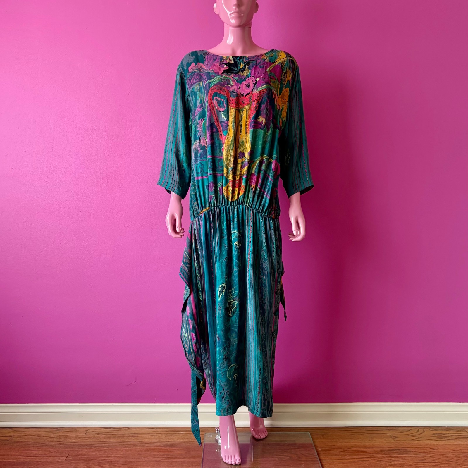 Vintage 80s 8 Midi Dress Dropwaist Teal Multi Abstract Floral Sash Long Sleeves
