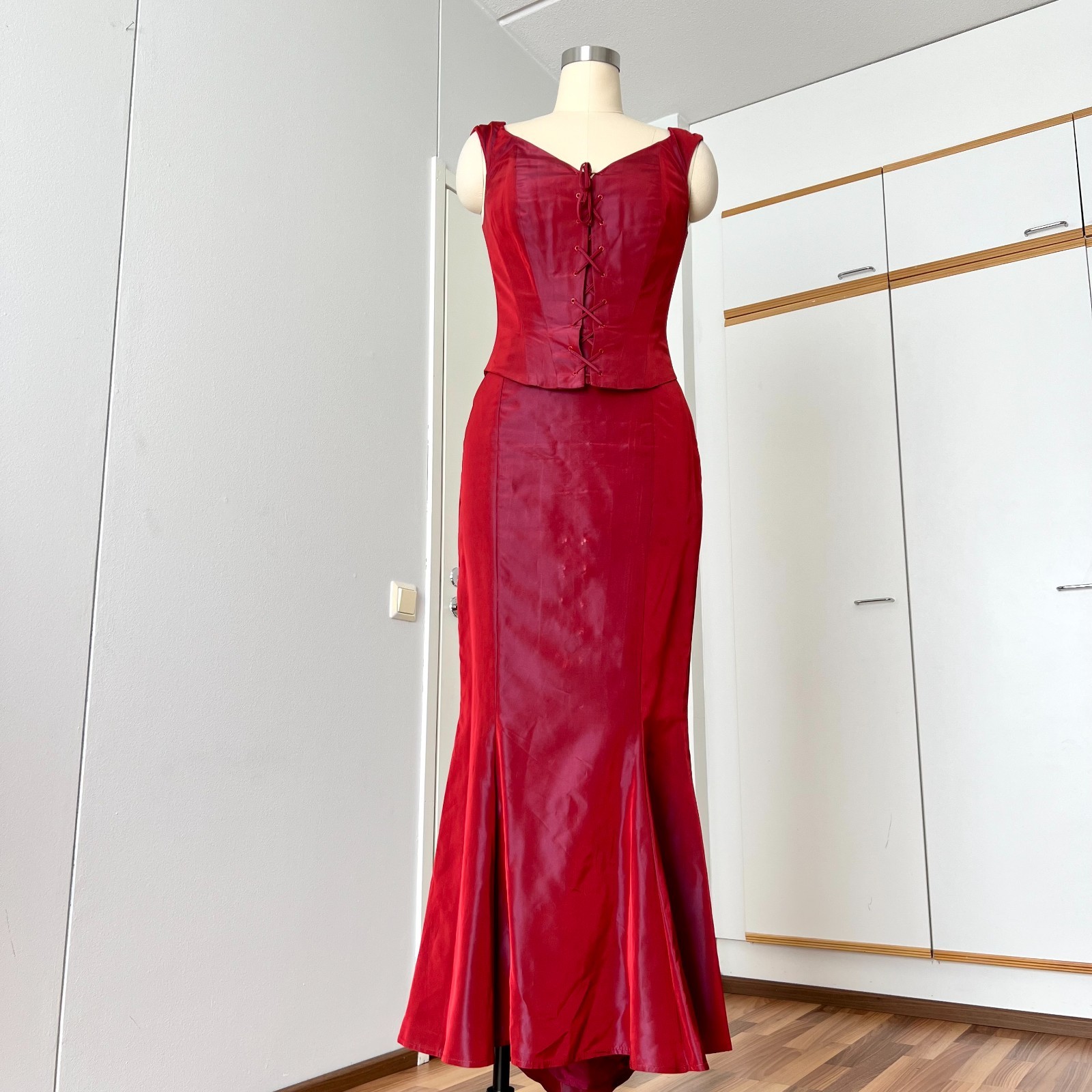 Y2K Two Piece Corset Top and Skirt Set Lace up Taffeta Evening Cocktail Gown