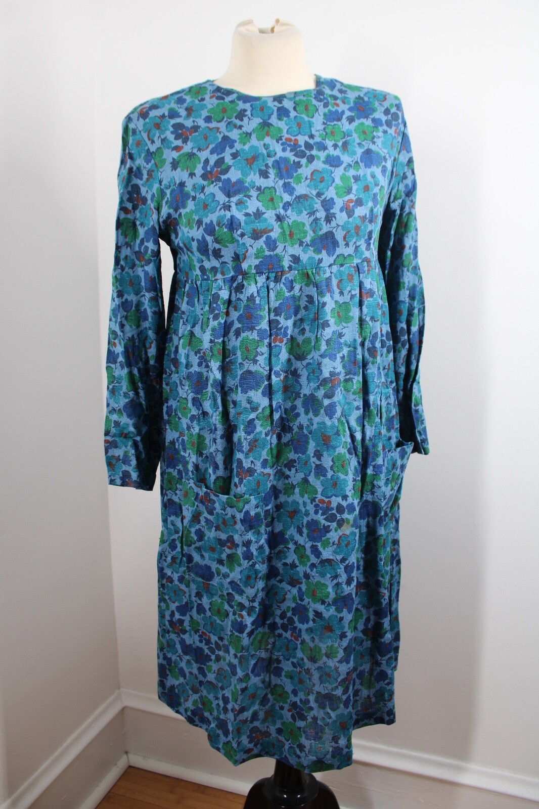 Vtg 50s/60s Blue Floral 14 Woven Cotton Long Sleeve Dress 36″ Bust