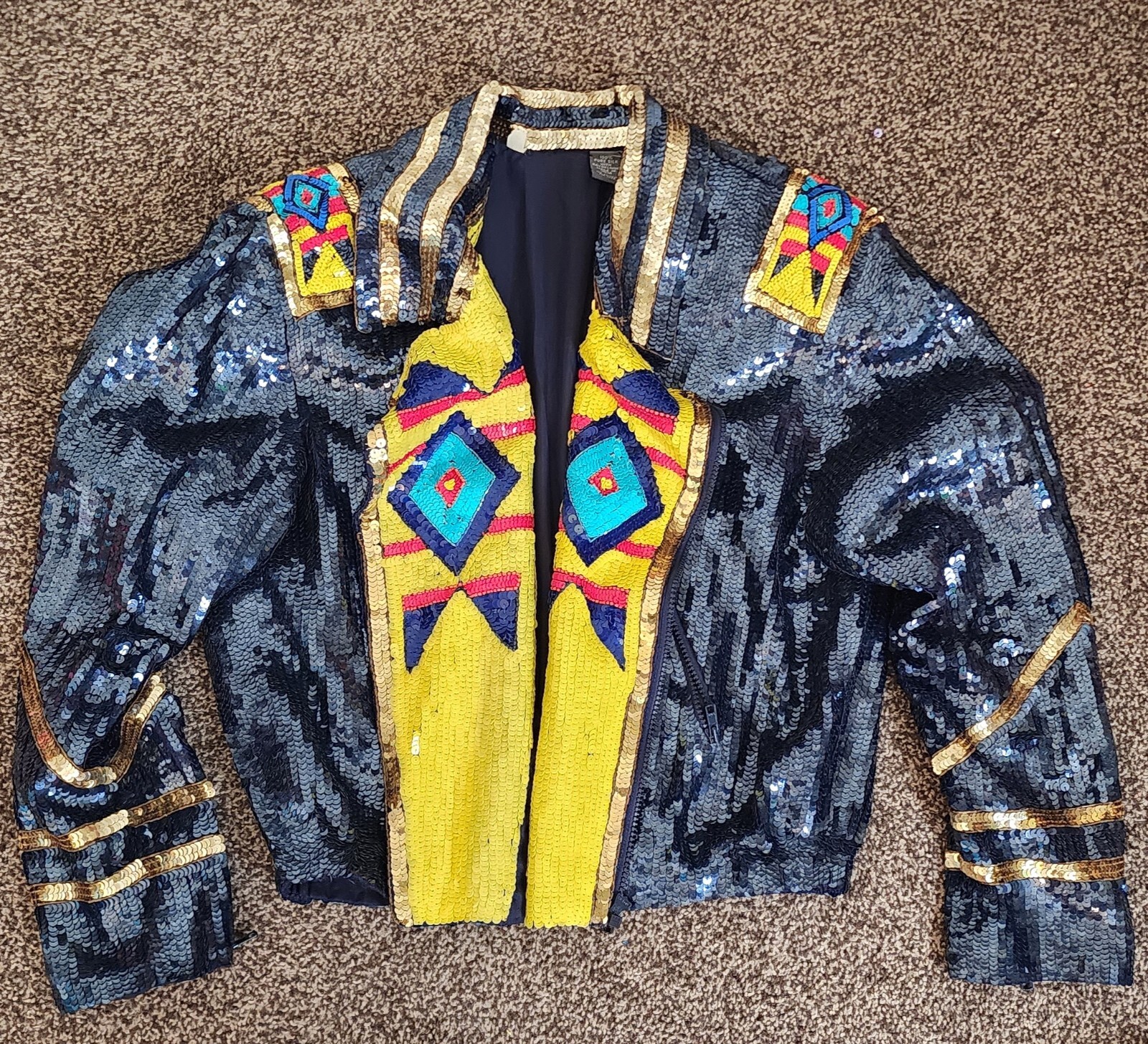 Vtg 80’s Jacket Sequin Dark Blue Colorful Military Style MED Halloween Boho