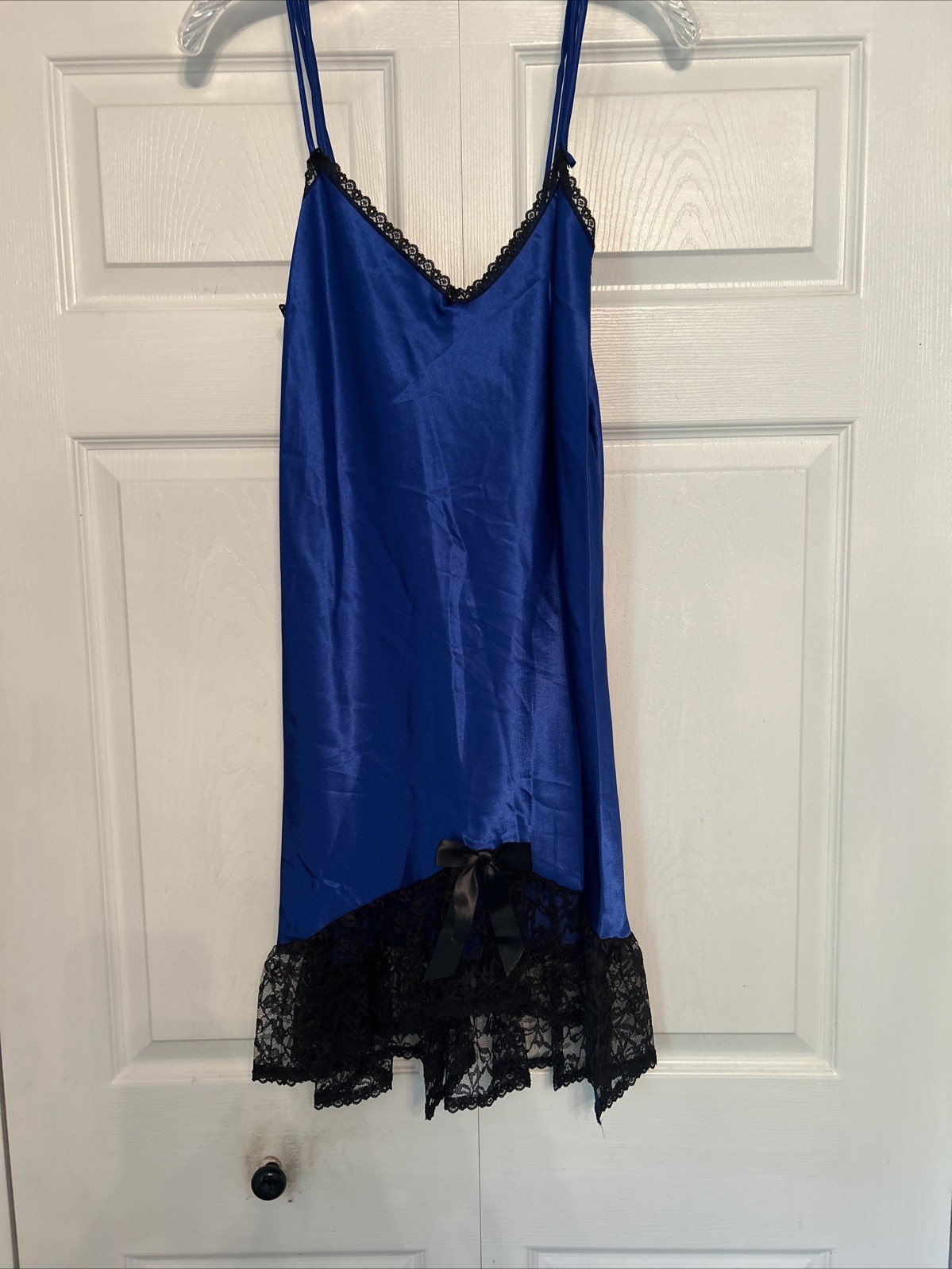Vintage Petra Fashions “ Royal Seduction”Blue Satin~Black Lace Sexy Chemise~New