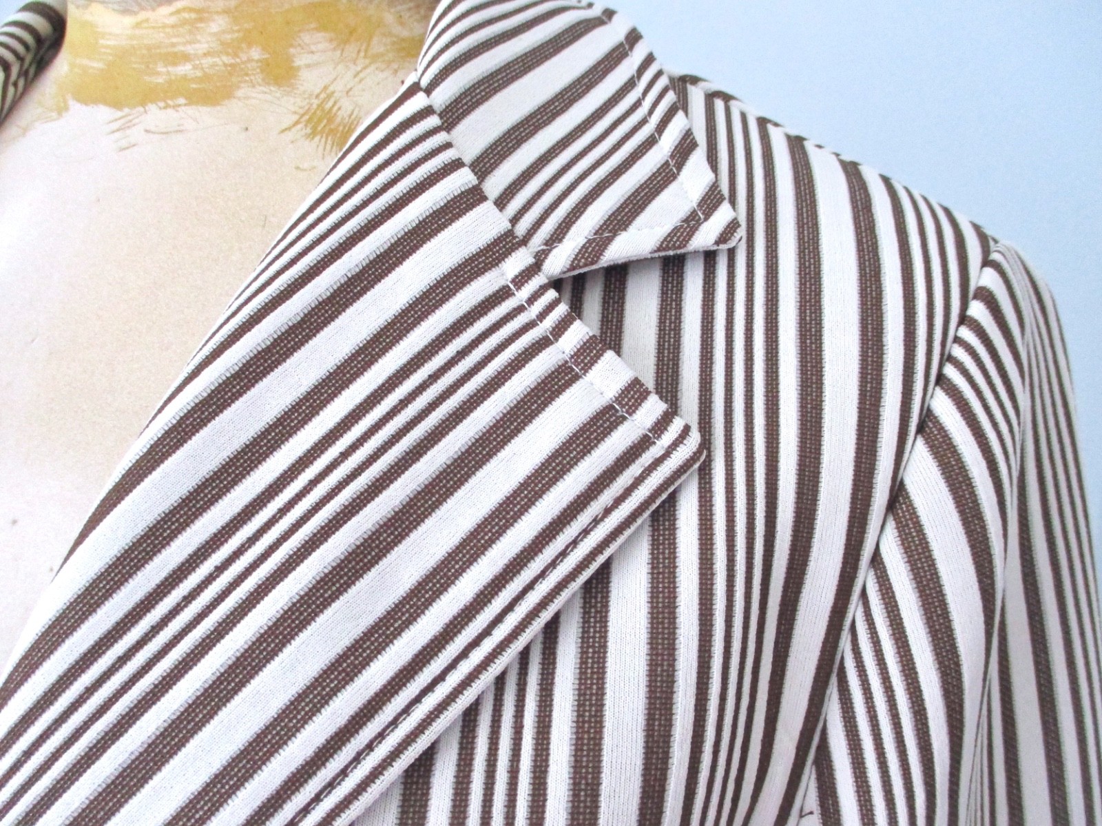 Vtg 70s Mod Brown Poly Knit Textured Stripe Button Jacket Blazer Pockets L/XL