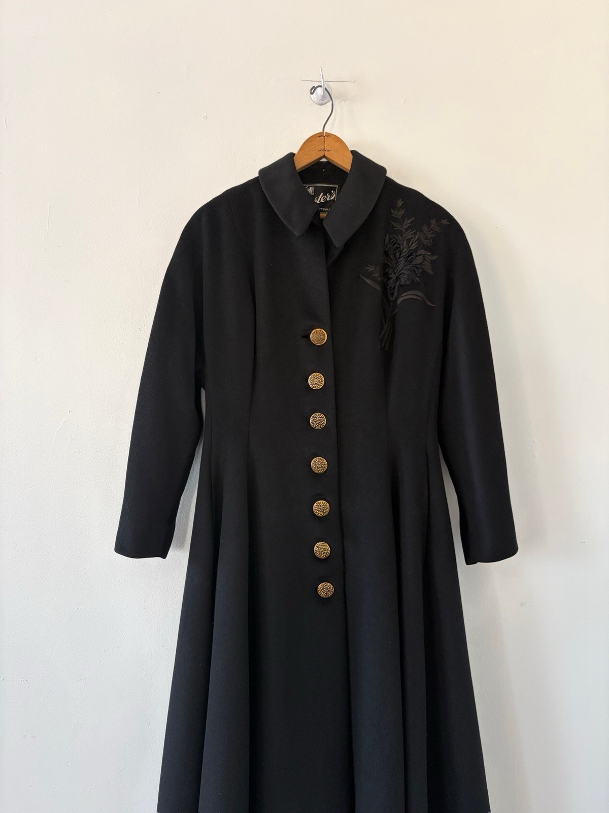Vintage 1950s Black Wool Swing Coat Dress Princess Line Appliqué Formal New Look