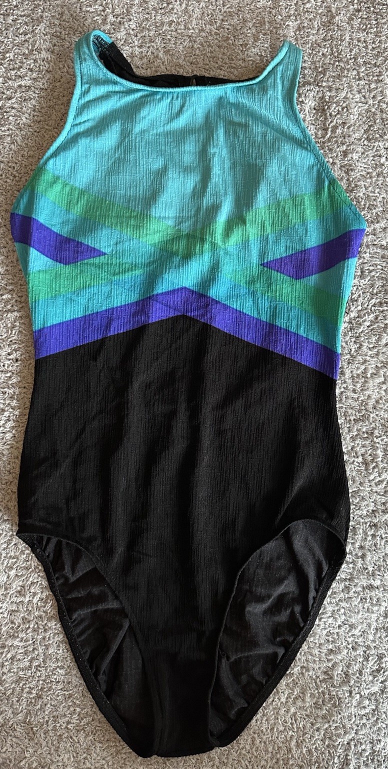 Vintage 90s Jantzen one piece swimsuit Black Green Purple Open Back Size 14 EUC