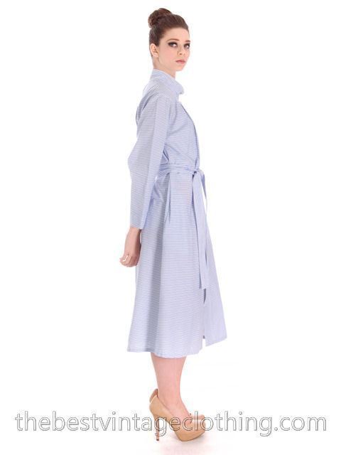 VTG 70s Vuokko Mod Shirt Dress Sky Blue White Stripe Cotton Finland M–L (S)