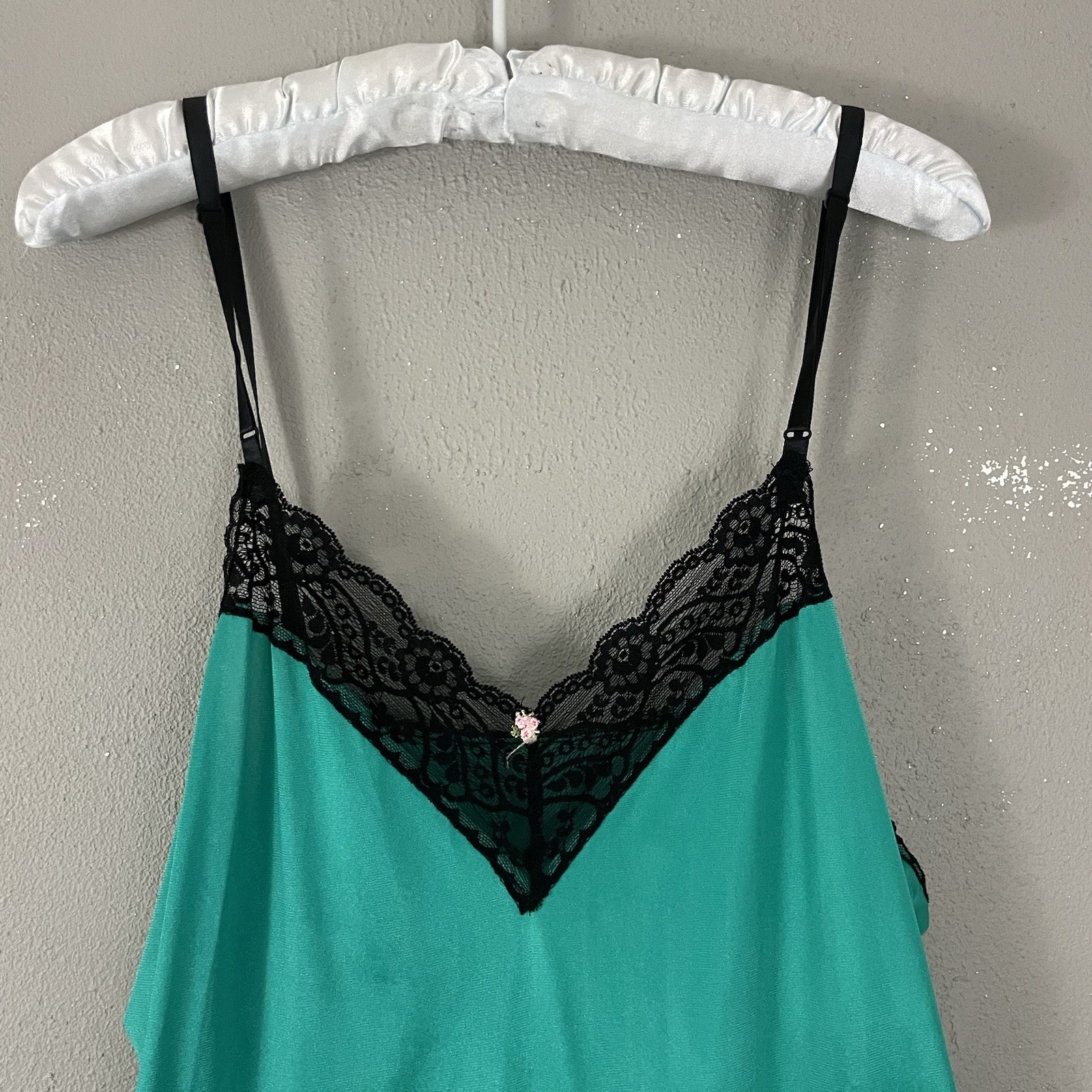 Vintage 80s Lingerie Teddy Romper Size 40 Roamans Green Satin Sissy Black Lace