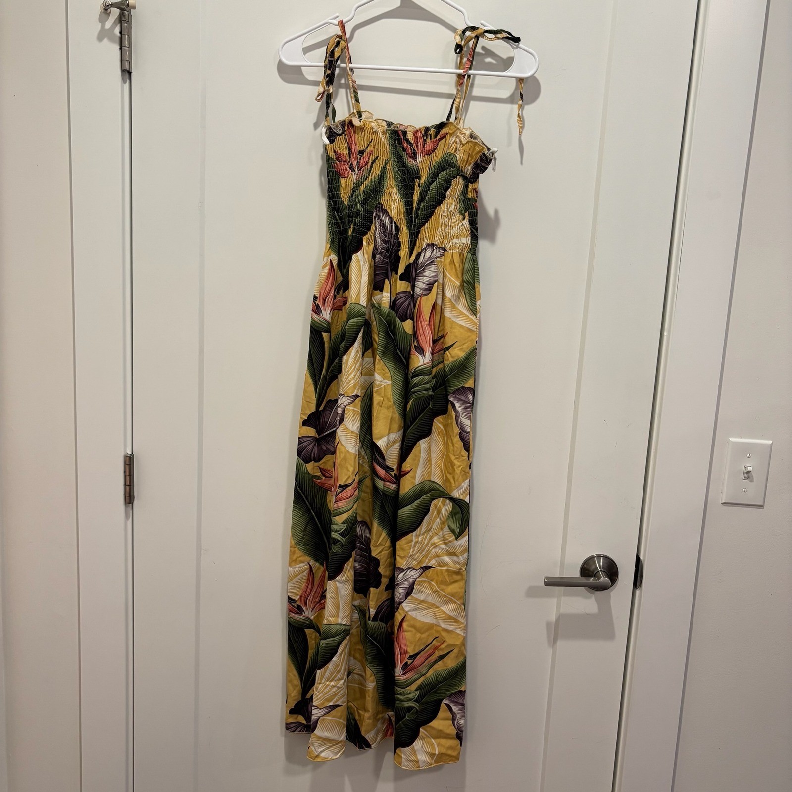 Island Aloha Wear Vintage Yellow Tropical Bird of Paradise Smocked Maxi Dress