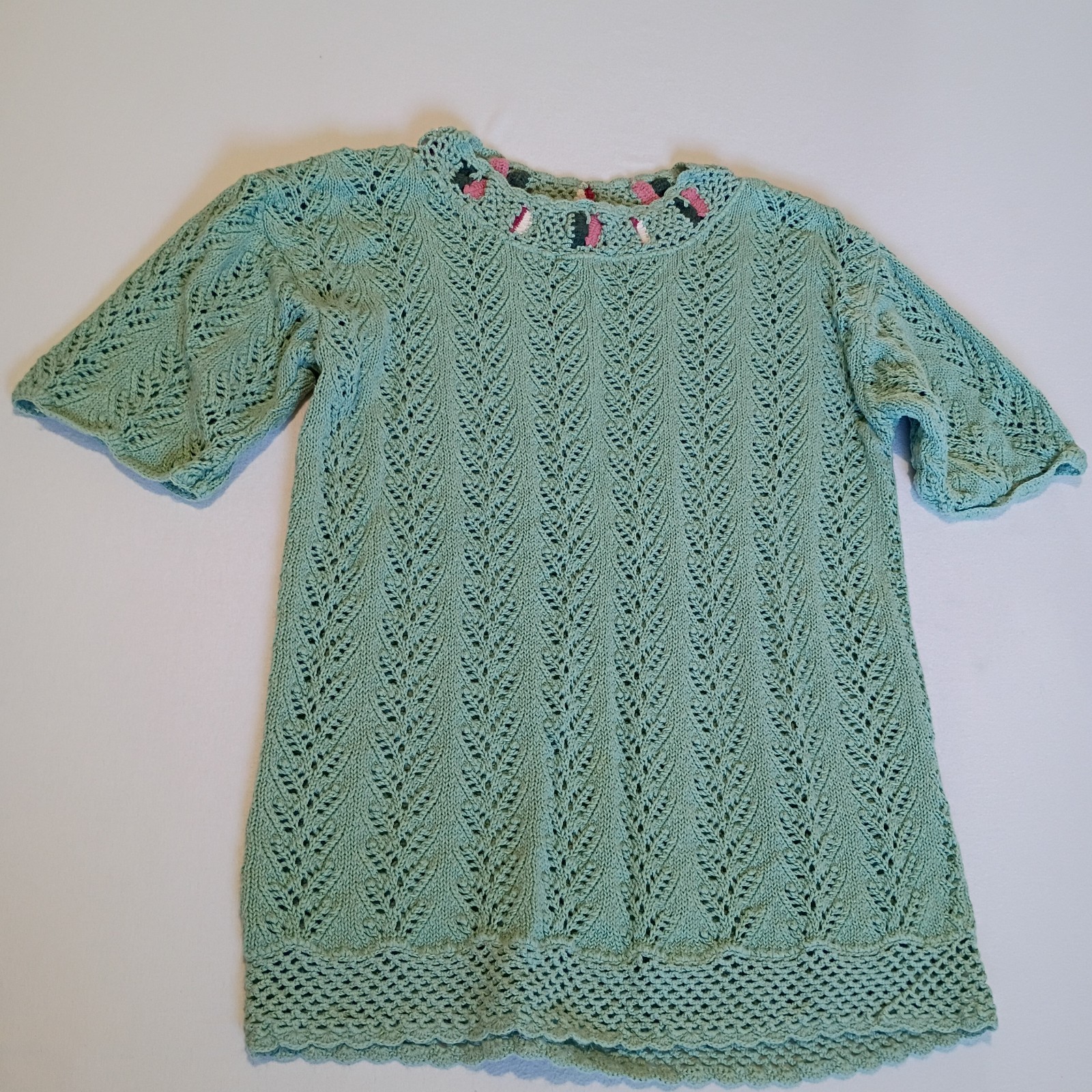 Ginna Peters Vintage Gardencore Floral Knitted Sz M Short Sleeve Sweater Shirt
