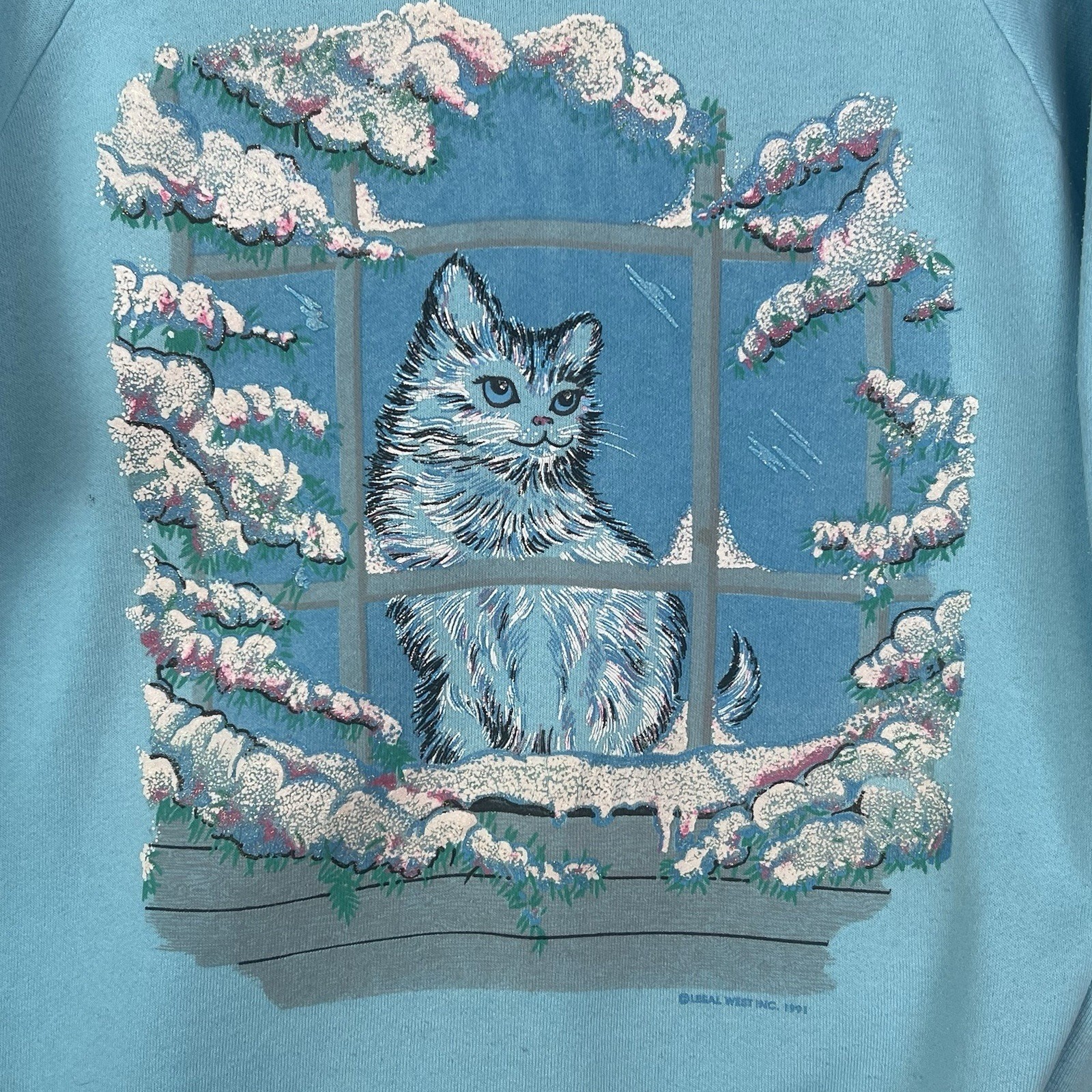 VTG 1991 Kitty Cat Winter Sweatshirt Sz XL Blue Collared Puffy Paint Collared