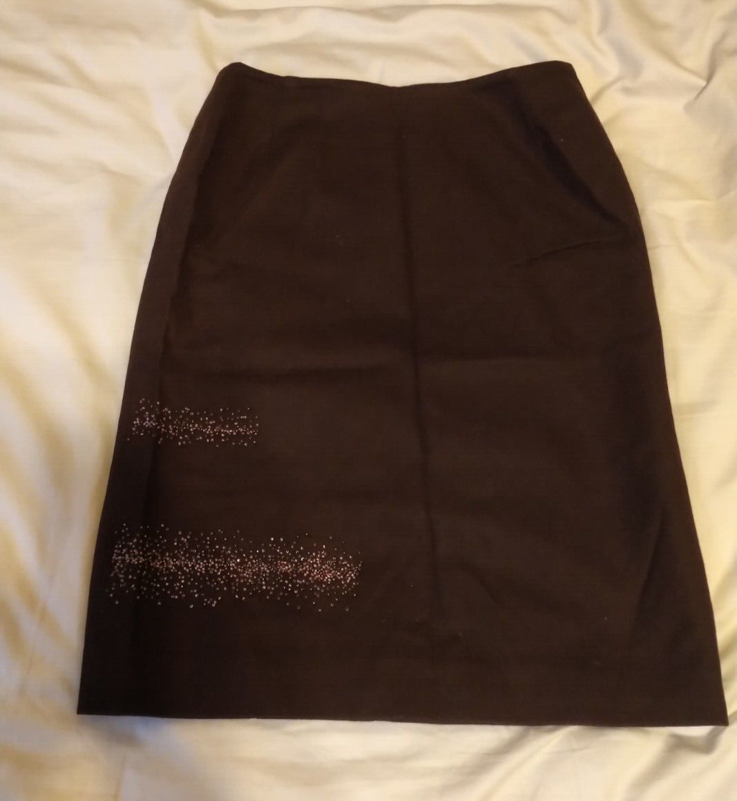 VINTAGE 1990S KAREN MILLEN BURGUNDY WINE BEADED ABOVE-KNEE SKIRT SIZE UK8 US4